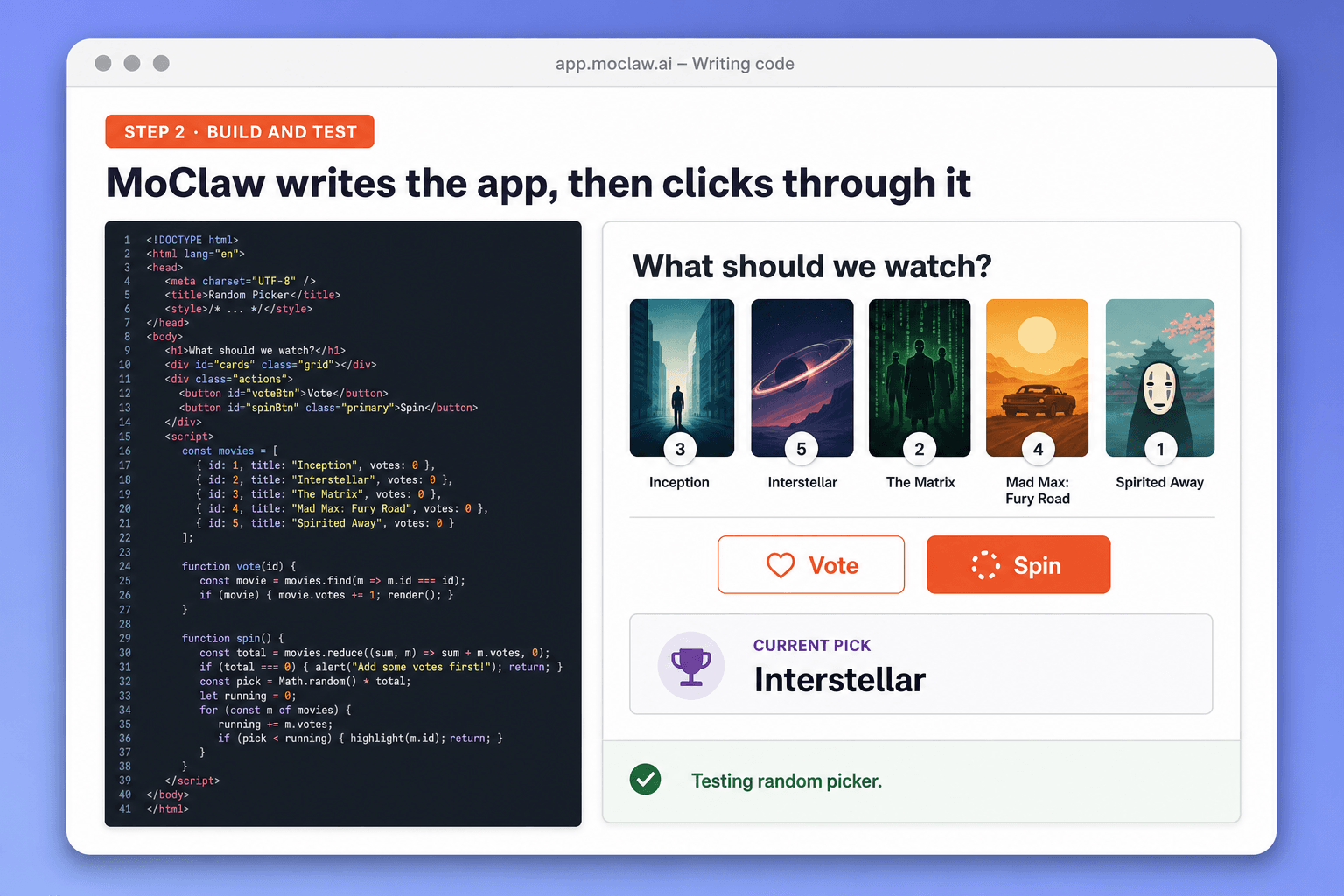 Step 2: Zentor (formerly MoClaw) writing and testing the random movie picker app