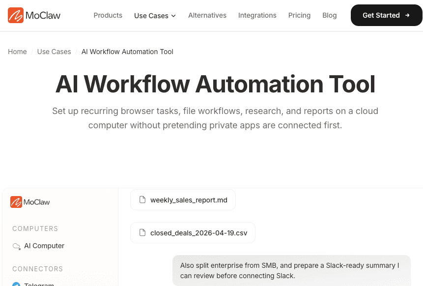 MoClaw AI Workflow Automation Tool page showing recurring browser and file workflows on a cloud computer