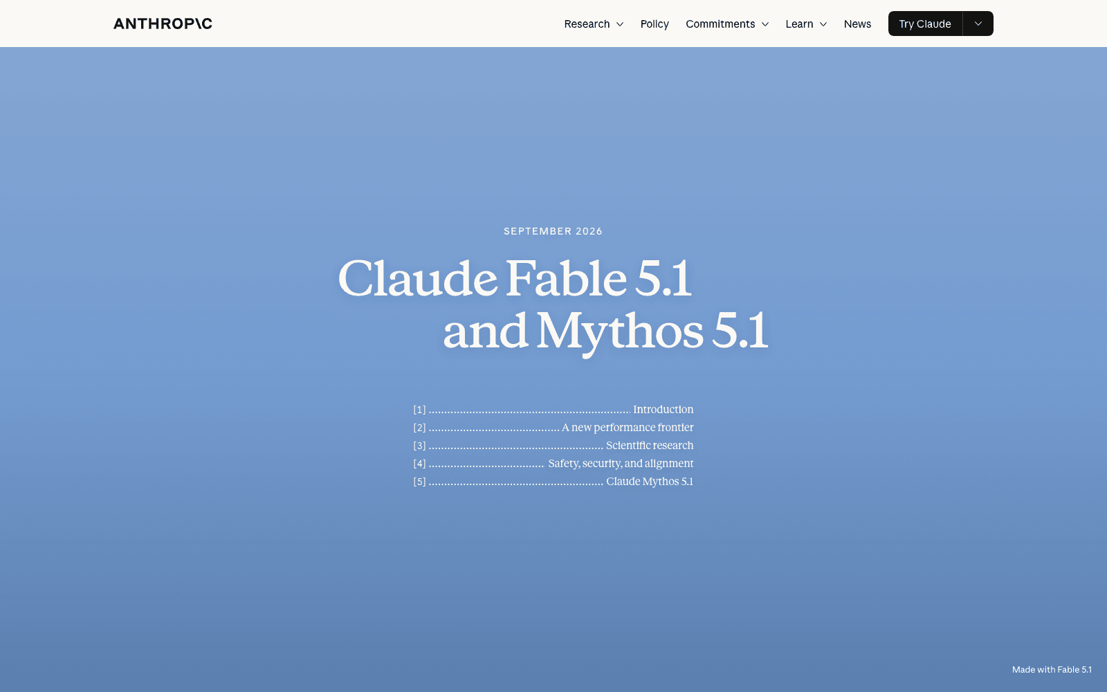 Anthropic's September 2026 announcement page, which covers Claude Fable 5.1 and Claude Mythos 5.1 in a single release and gives Mythos its own closing section.