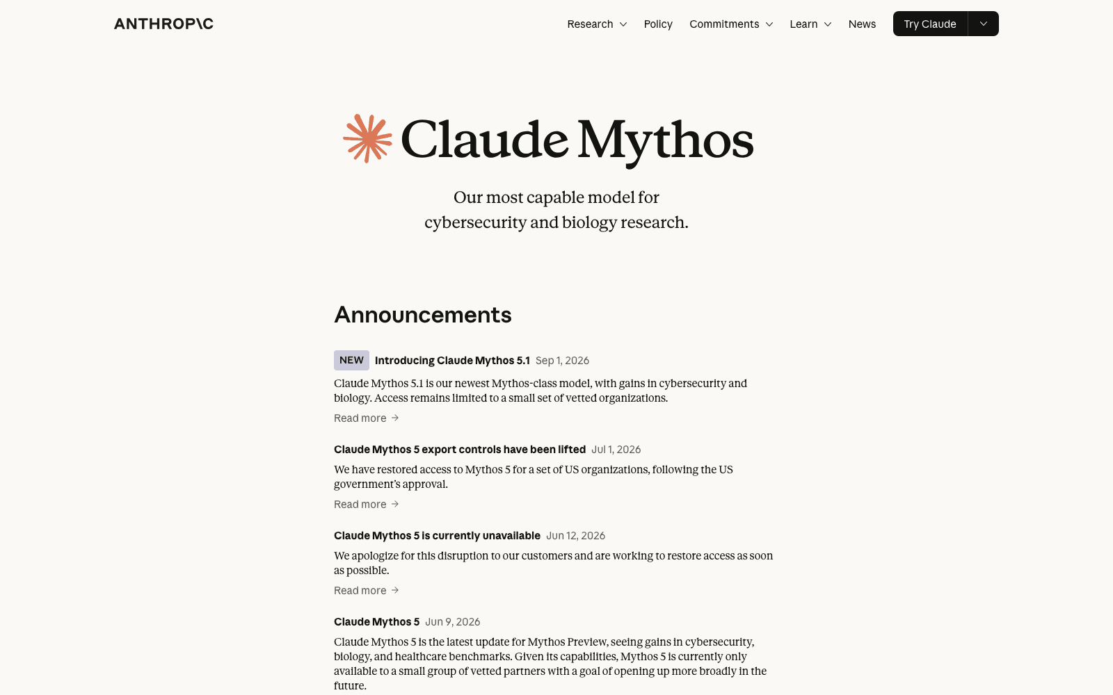 Anthropic's Claude Mythos announcement log, showing Mythos 5.1 on Sep 1 2026 still limited to vetted organizations, the July 1 export-control reversal, and the June 12 outage notice.
