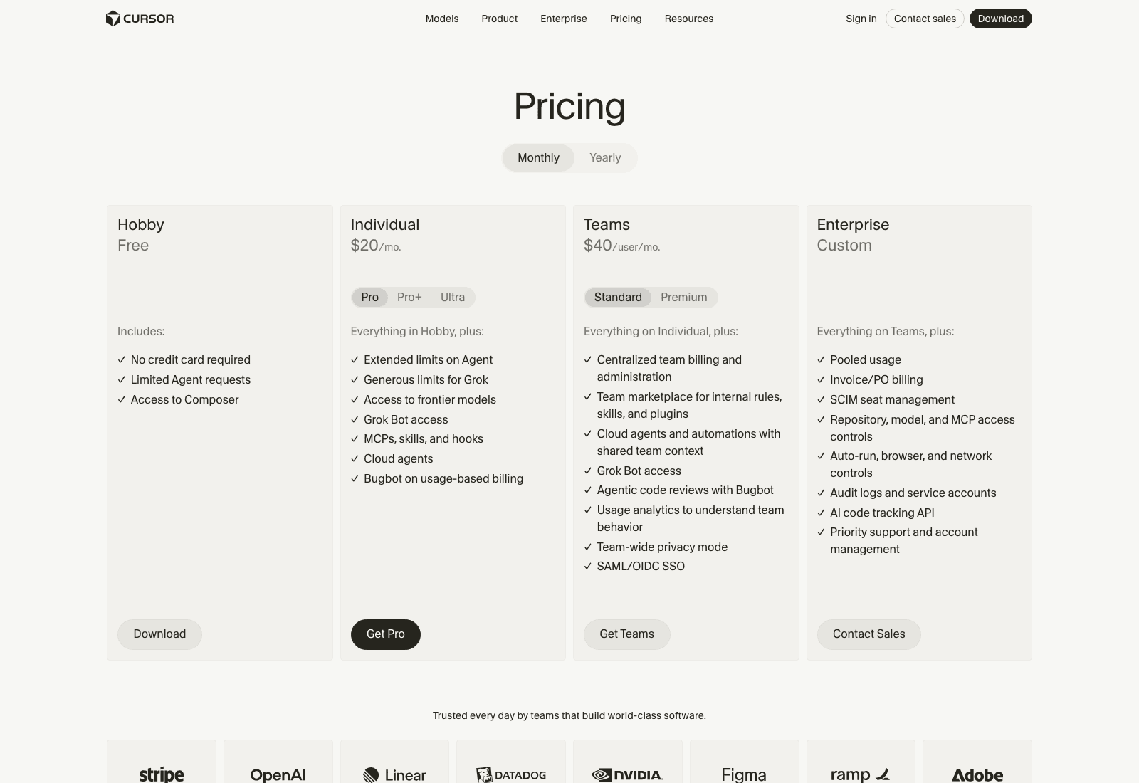 Cursor's pricing page on 30 August 2026: Grok is named twice in the Individual plan, OpenAI models are not named at all, and OpenAI itself still appears in the customer logo strip.