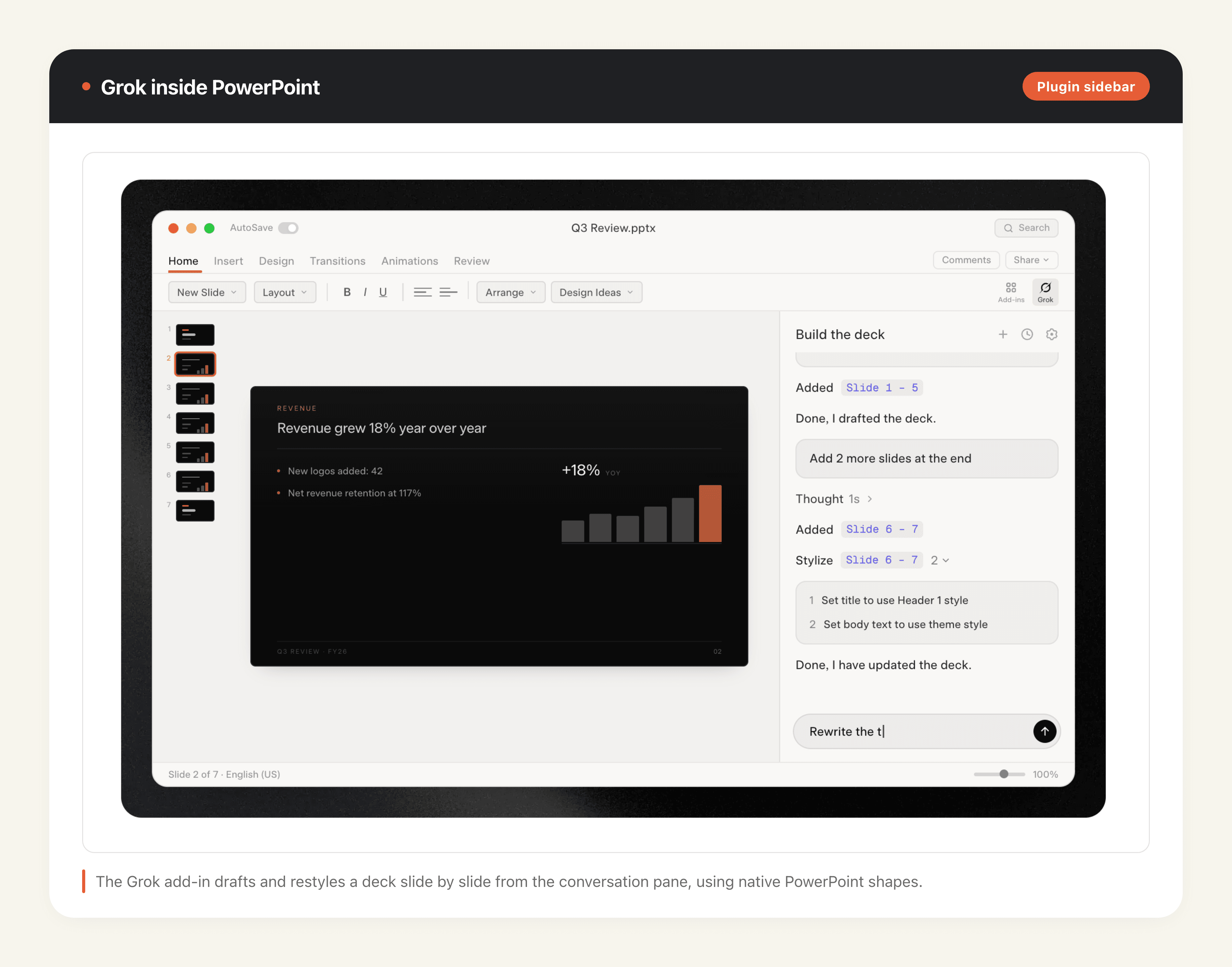 The Grok add-in building and restyling a deck slide by slide from the PowerPoint sidebar