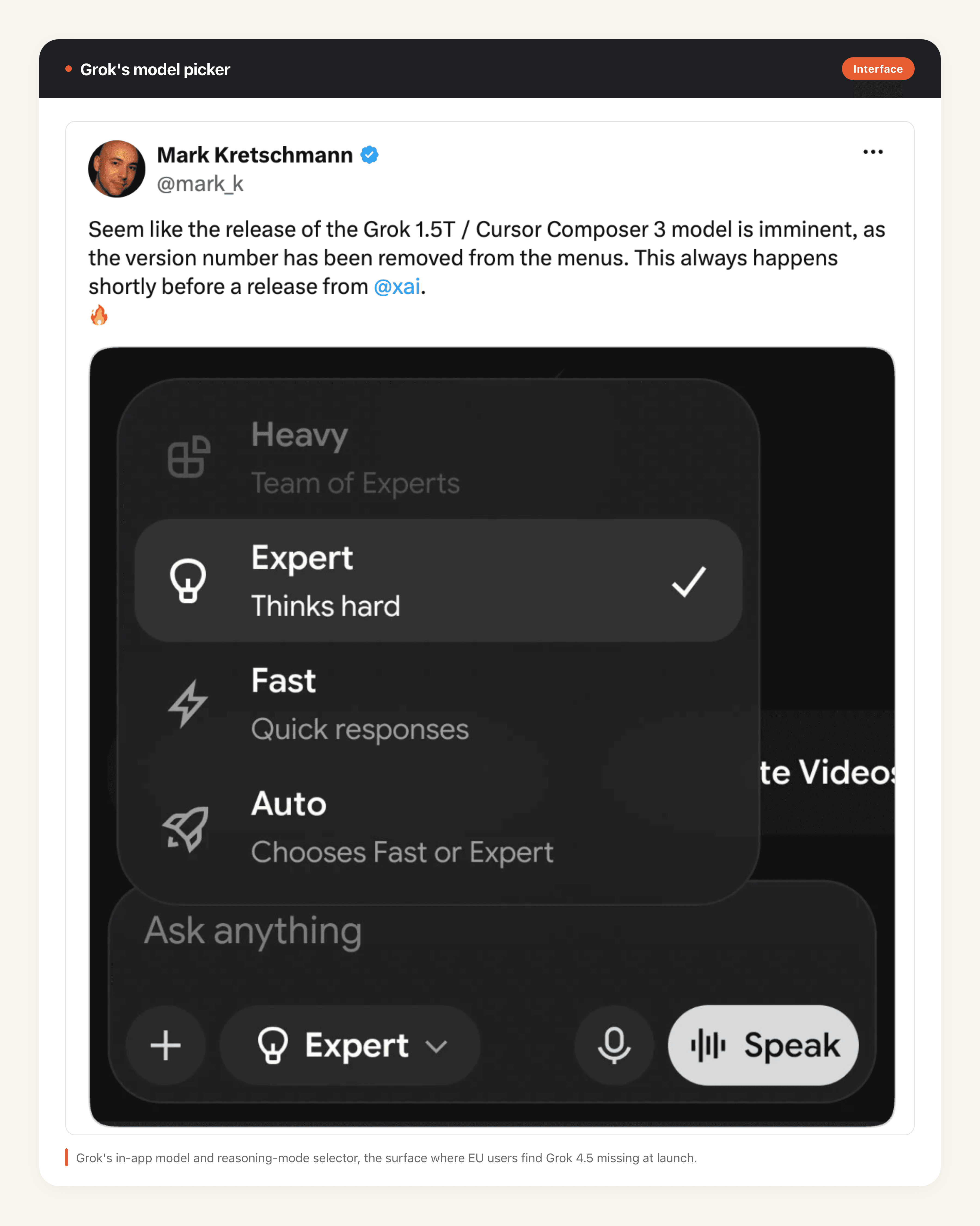 Grok's in-app model and reasoning-mode selector, where EU users find Grok 4.5 missing at launch