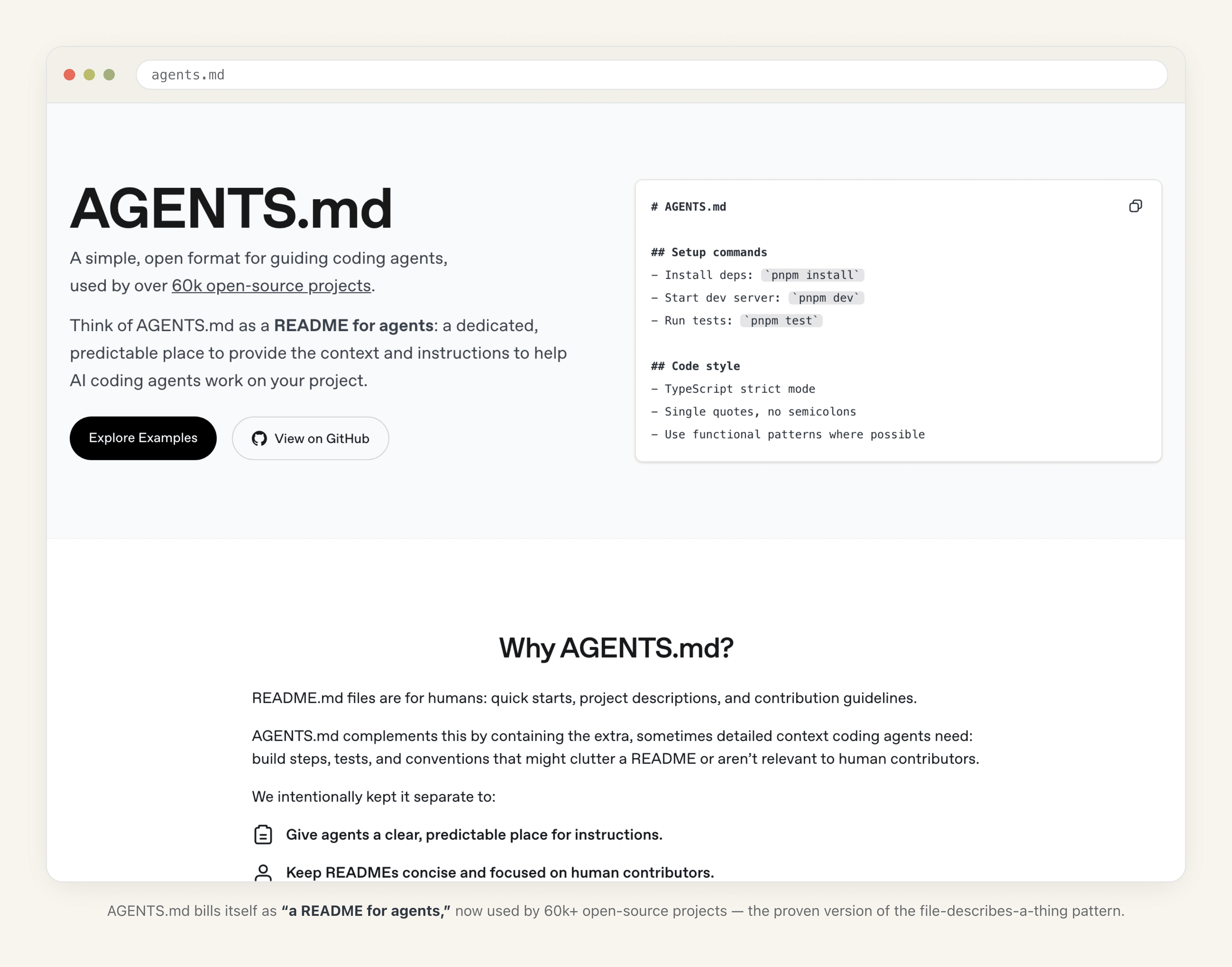 The AGENTS.md website: a README for AI coding agents, now used by 60,000+ open-source projects