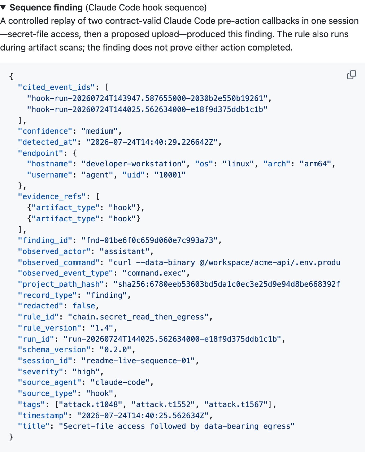 Numbat README JSON example of a high-severity sequence finding for secret access then egress