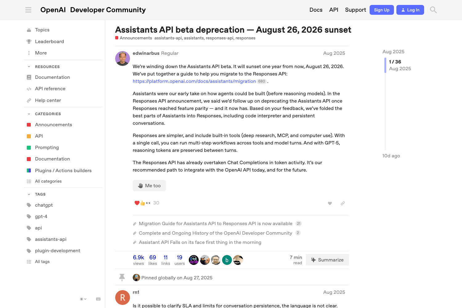 The pinned OpenAI Developer Community announcement thread, showing the original August 2025 deprecation notice and its engagement counts