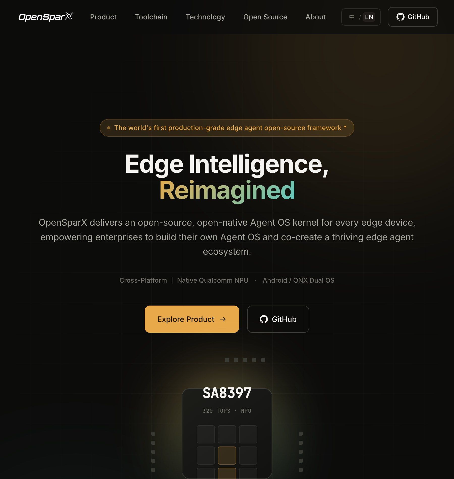 The OpenSparX site presenting OAK as an edge agent framework, with Qualcomm NPU support and Android/QNX dual OS listed alongside its headline latency claims.