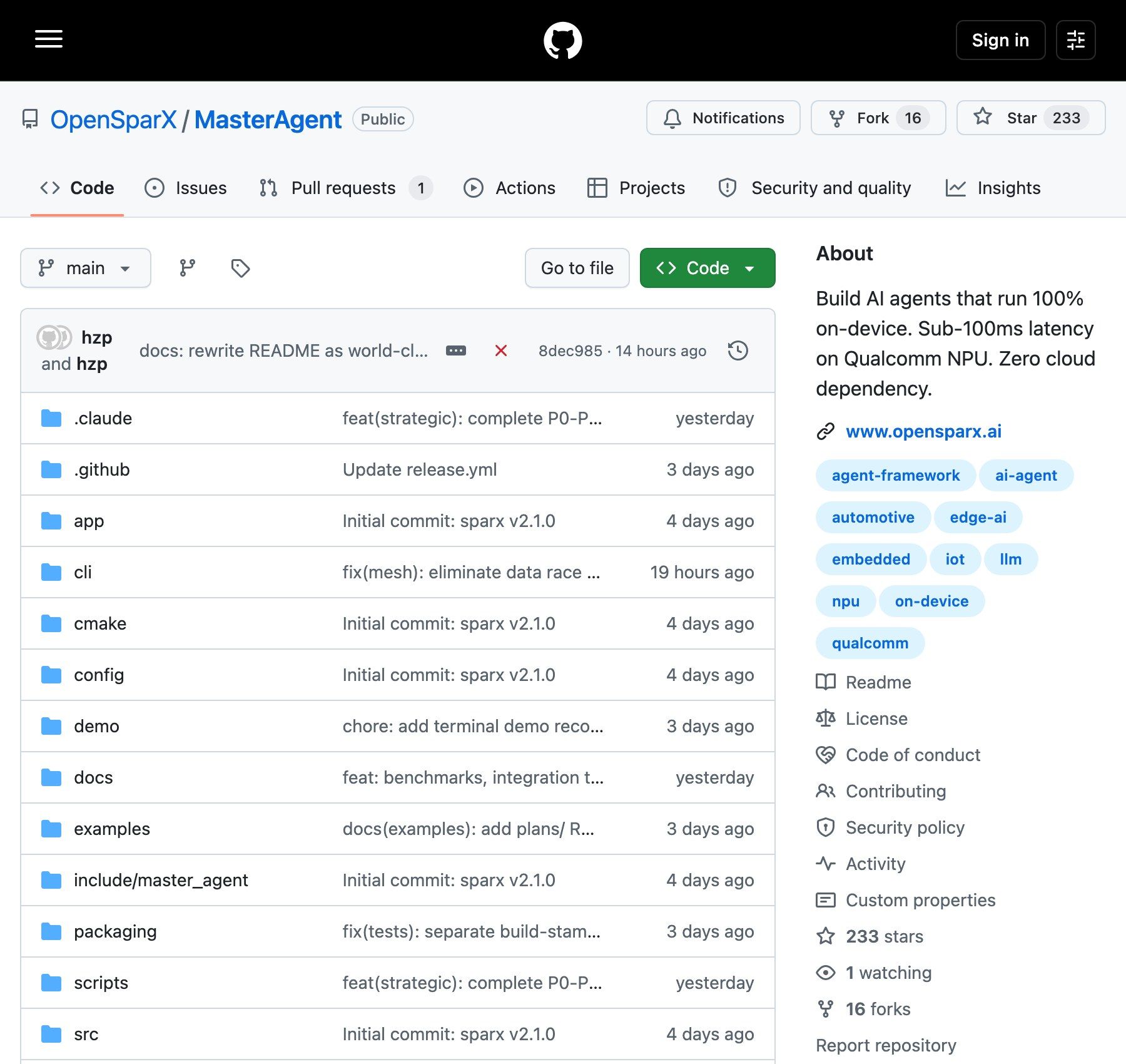 The MasterAgent repository on 15 August 2026: 233 stars against 16 forks and one watcher, two contributors, three releases, and a failing check on the most recent commit.
