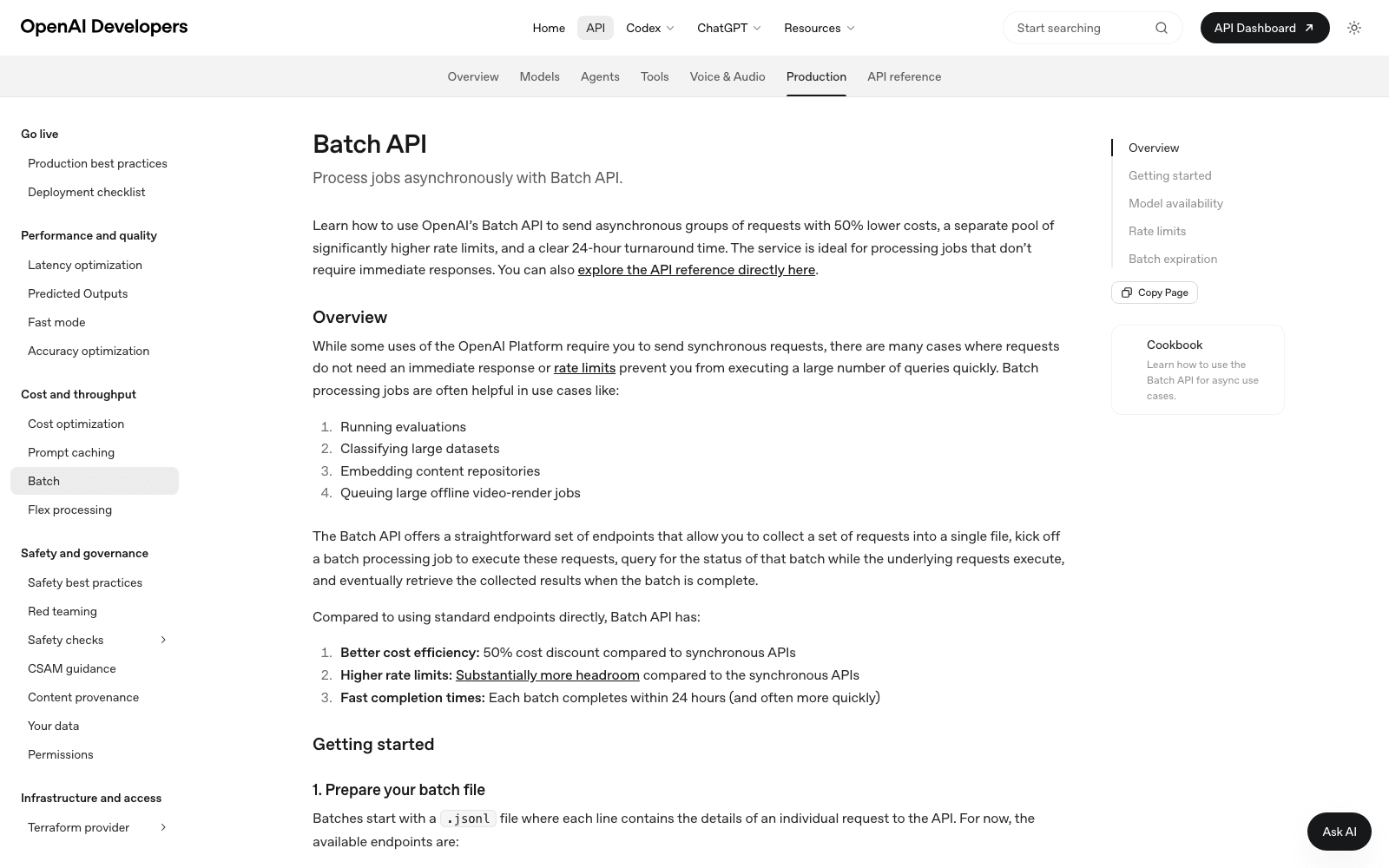 OpenAI's Batch API documentation on 28 August 2026, listing the 50% discount against synchronous APIs, higher rate limits and the 24-hour completion time.