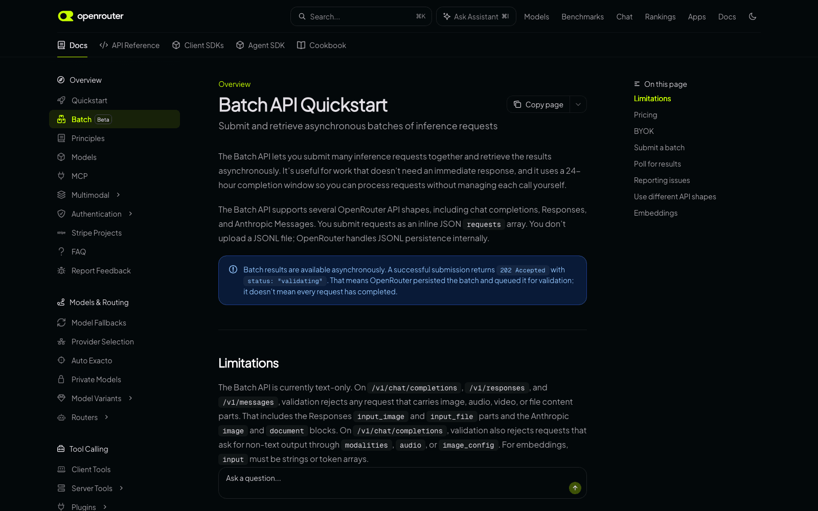 OpenRouter's Batch API Quickstart, flagged Beta in the sidebar, documenting the 24-hour completion window and the text-only validation rules that reject image, audio and file content parts.