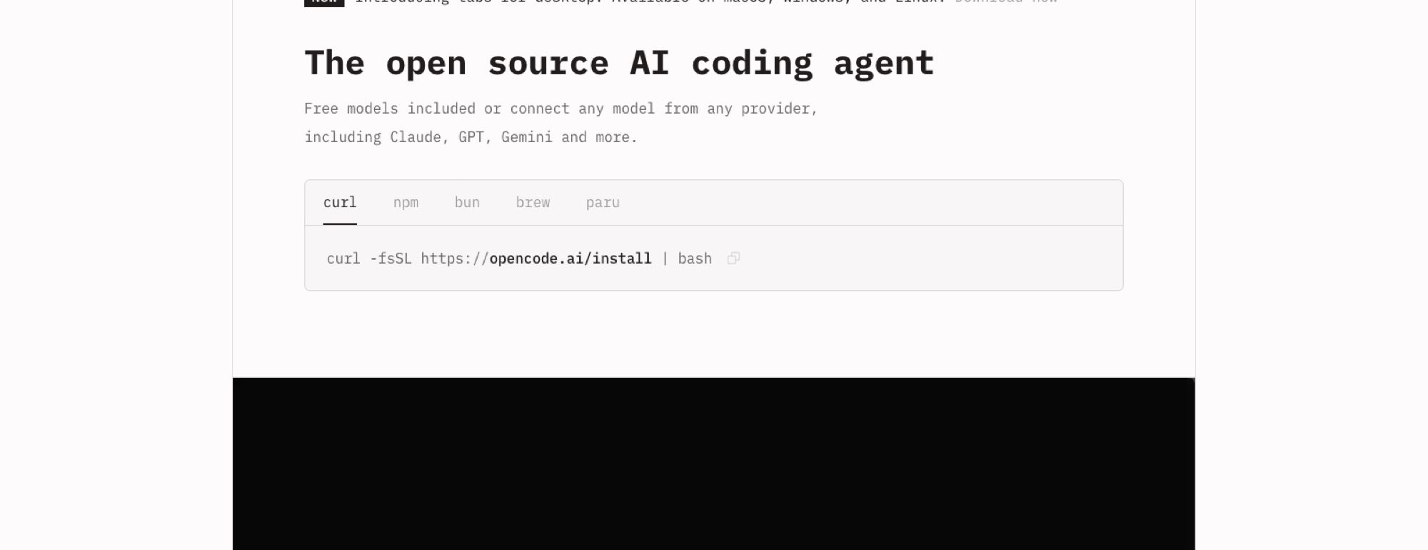 The opencode.ai landing page on 6 September 2026, offering a curl installer alongside npm, bun, brew and paru tabs