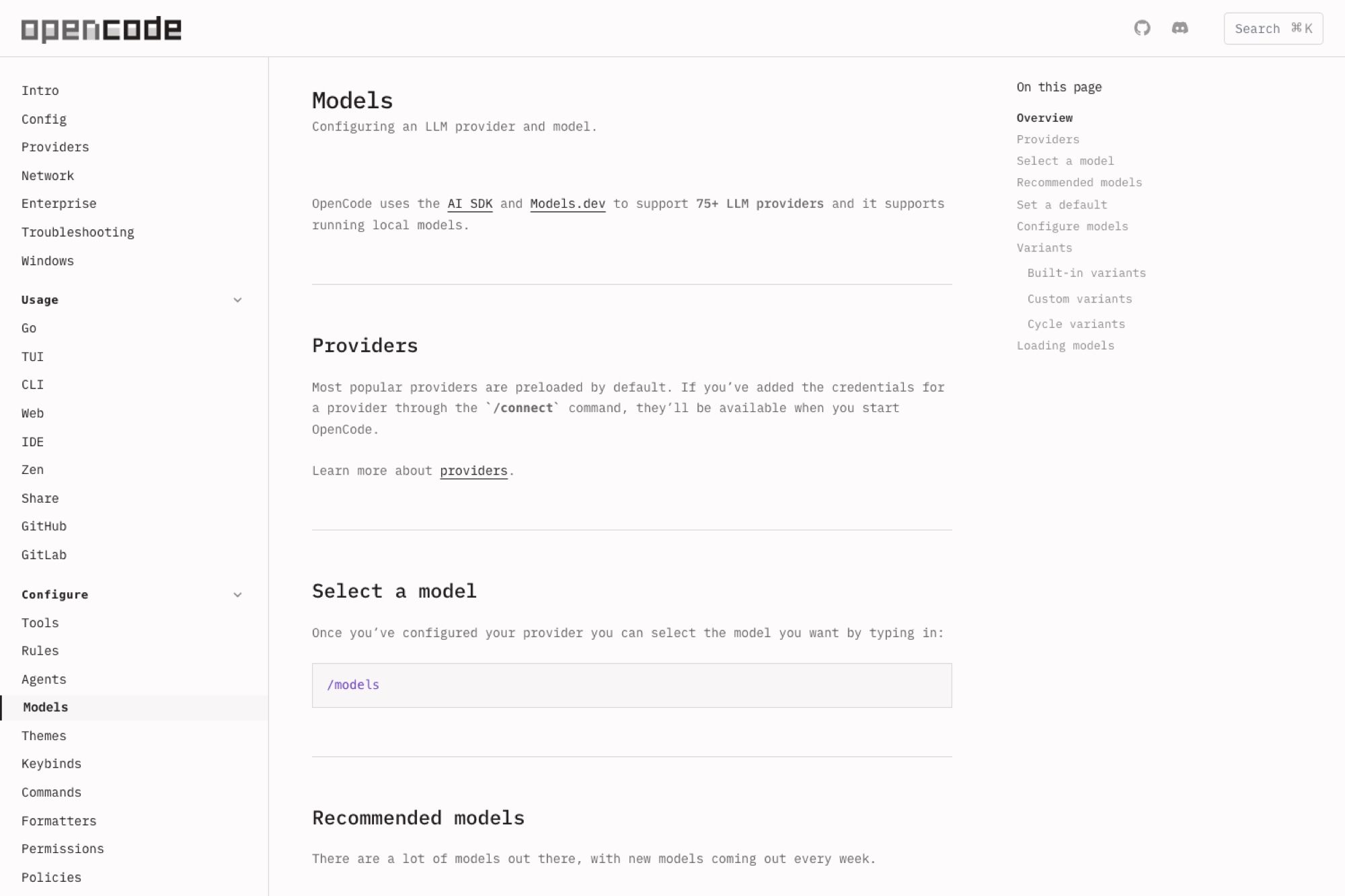 The OpenCode models documentation, showing the /models command and the 75+ provider claim
