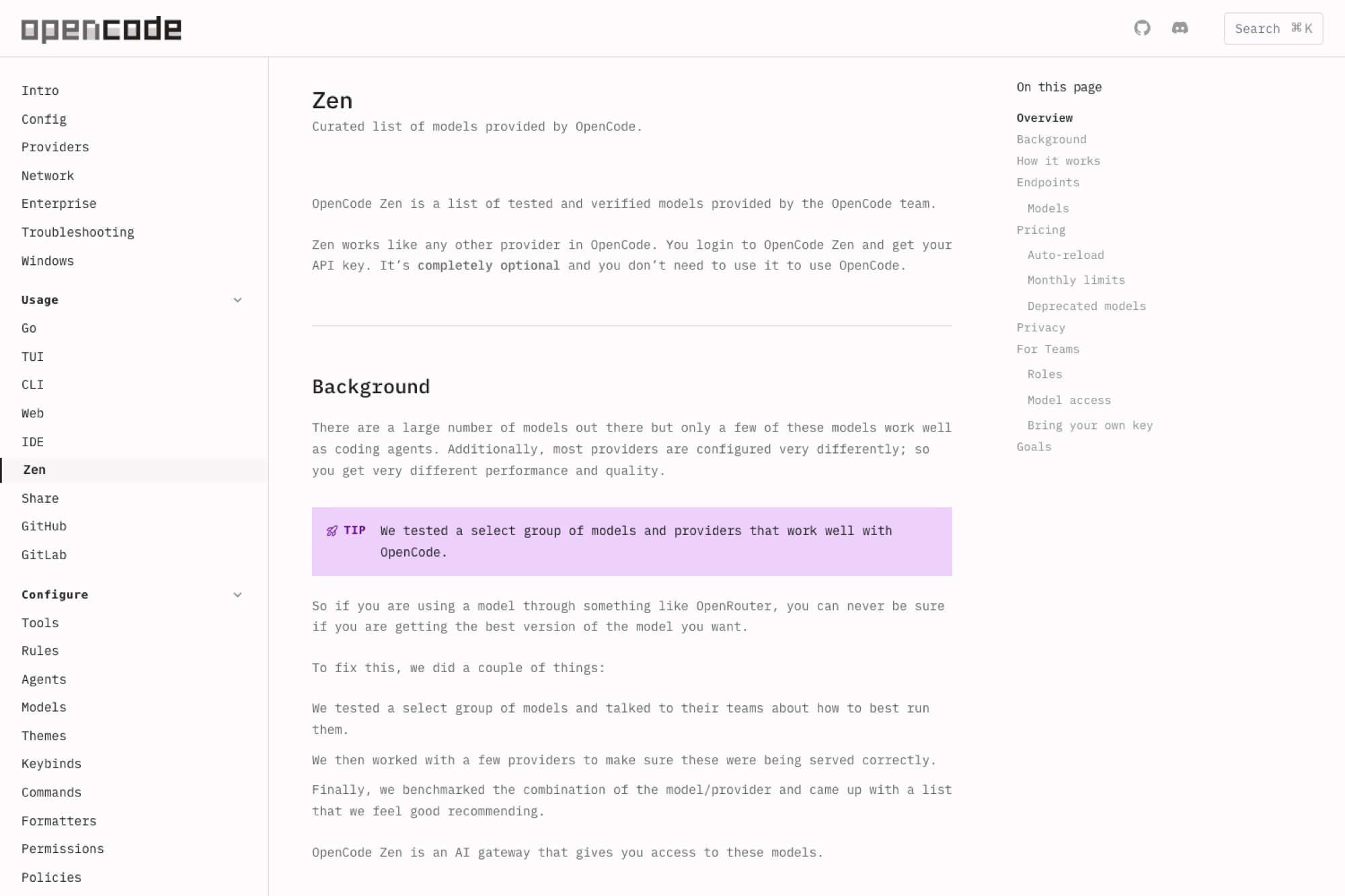 The OpenCode Zen documentation explaining why a curated model list exists and stating that it is optional