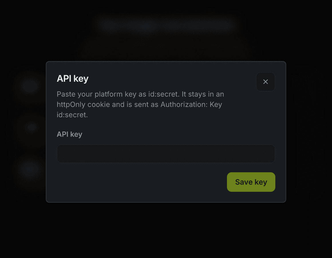 The openhiggsfield.ai studio on first load: an API key modal asking you to paste a platform key as id:secret, with the studio dimmed behind it
