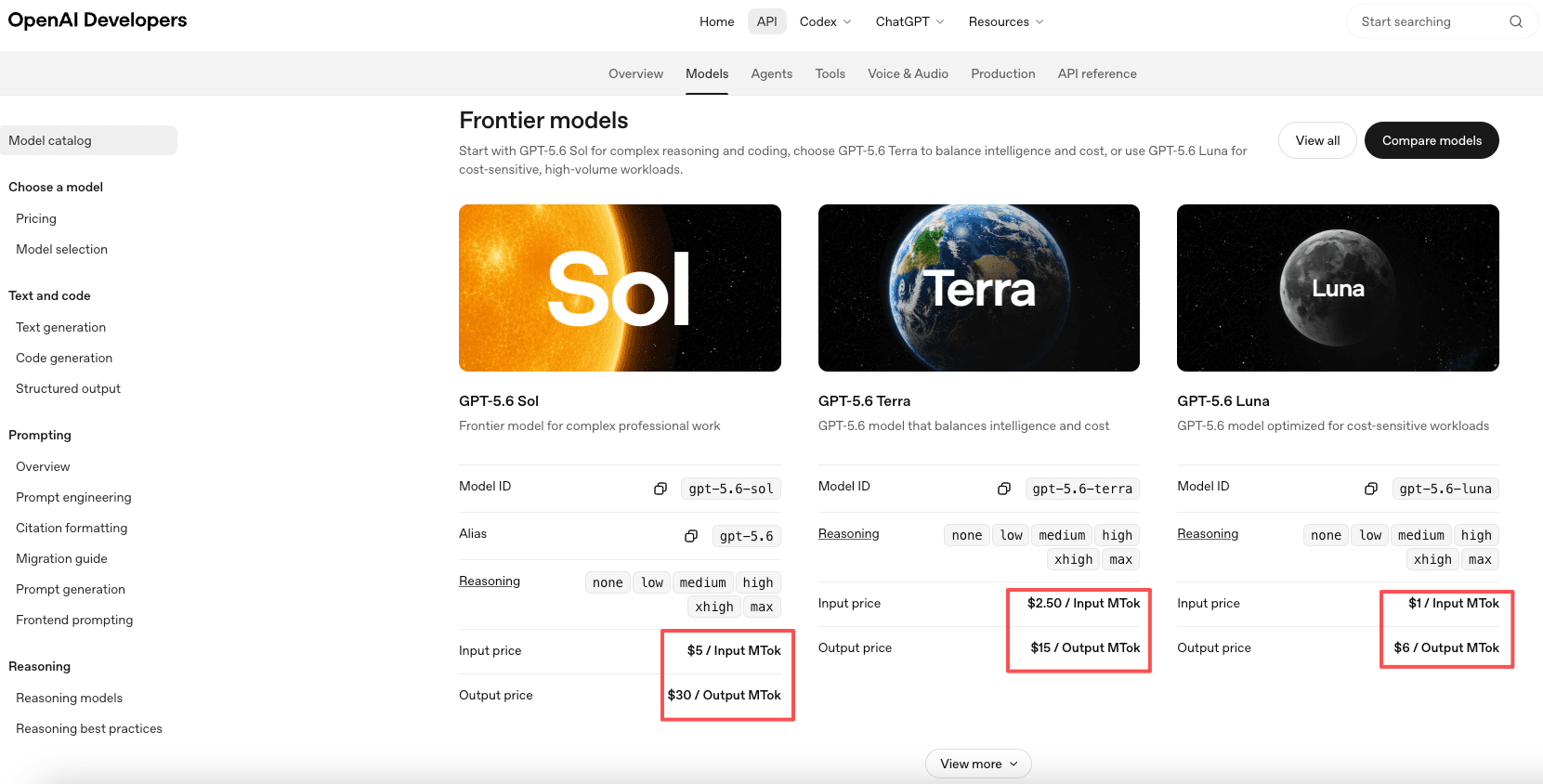 OpenAI developer docs model catalog showing GPT-5.6 Sol at $5 input and $30 output, Terra at $2.50 and $15, and Luna at $1 and $6 per 1M tokens