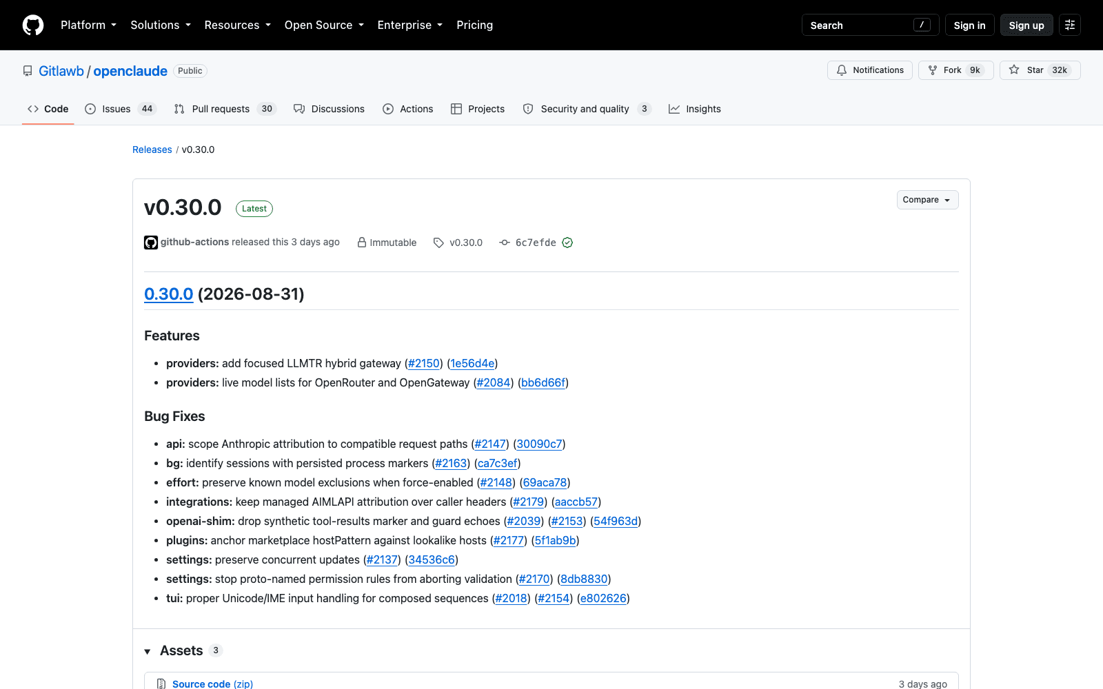 The v0.30.0 release page for openclaude on GitHub, dated 31 August 2026, listing provider additions and nine bug fixes including one scoping Anthropic attribution to compatible request paths