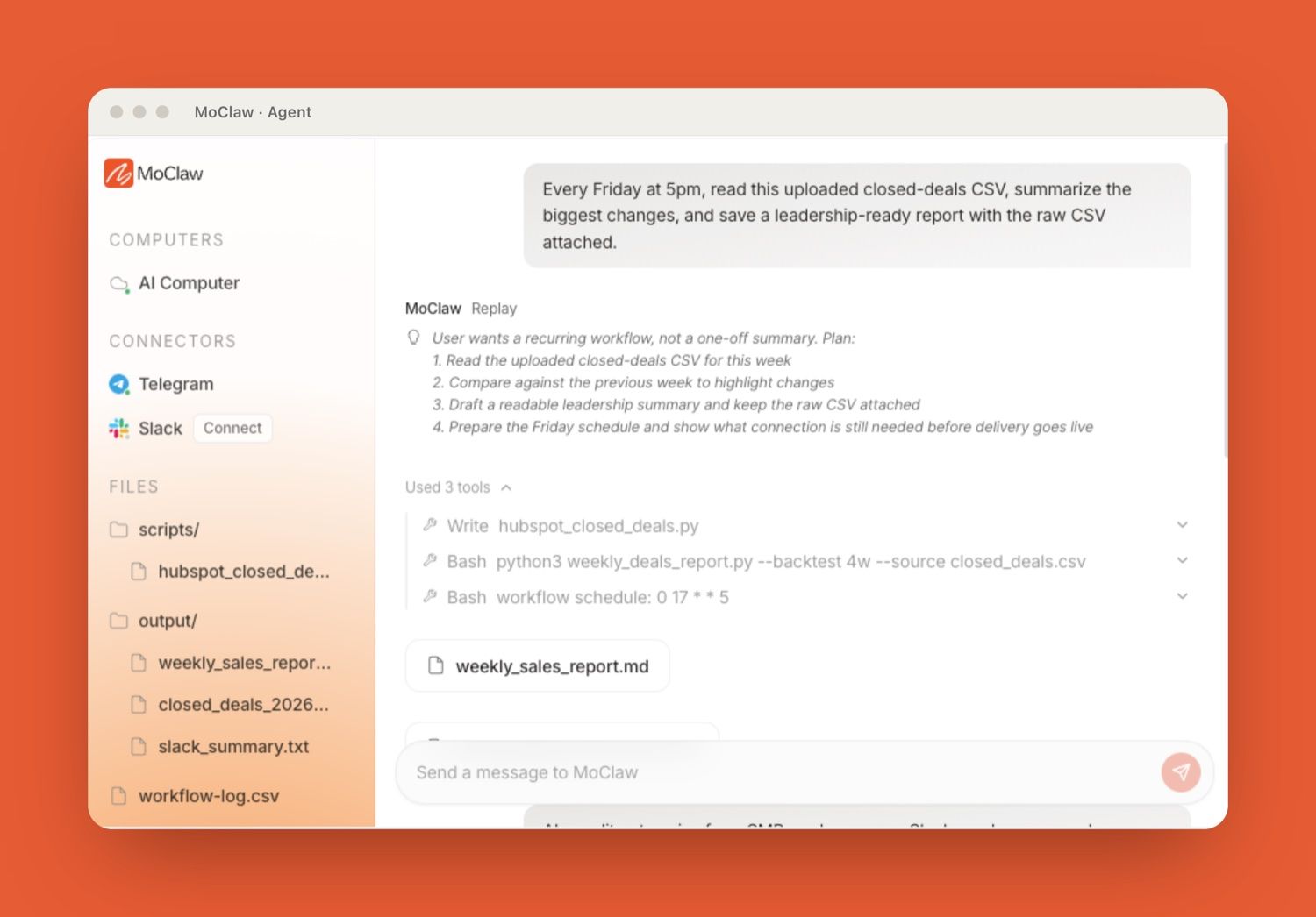 A MoClaw cloud agent assembling a scheduled report, with files and logs kept together in one workspace.