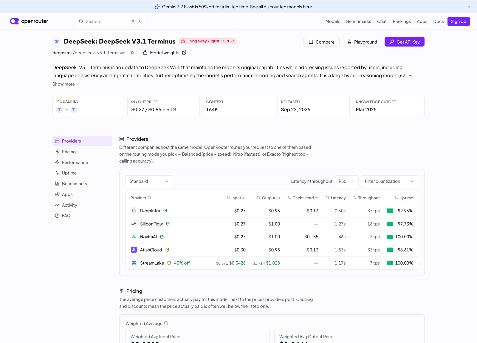 OpenRouter's model page for DeepSeek V3.1 Terminus on August 16, 2026, showing a "Going away August 17, 2026" badge beside the model name, list pricing of $0.27 in and $0.95 out per 1M tokens, and five providers still serving it