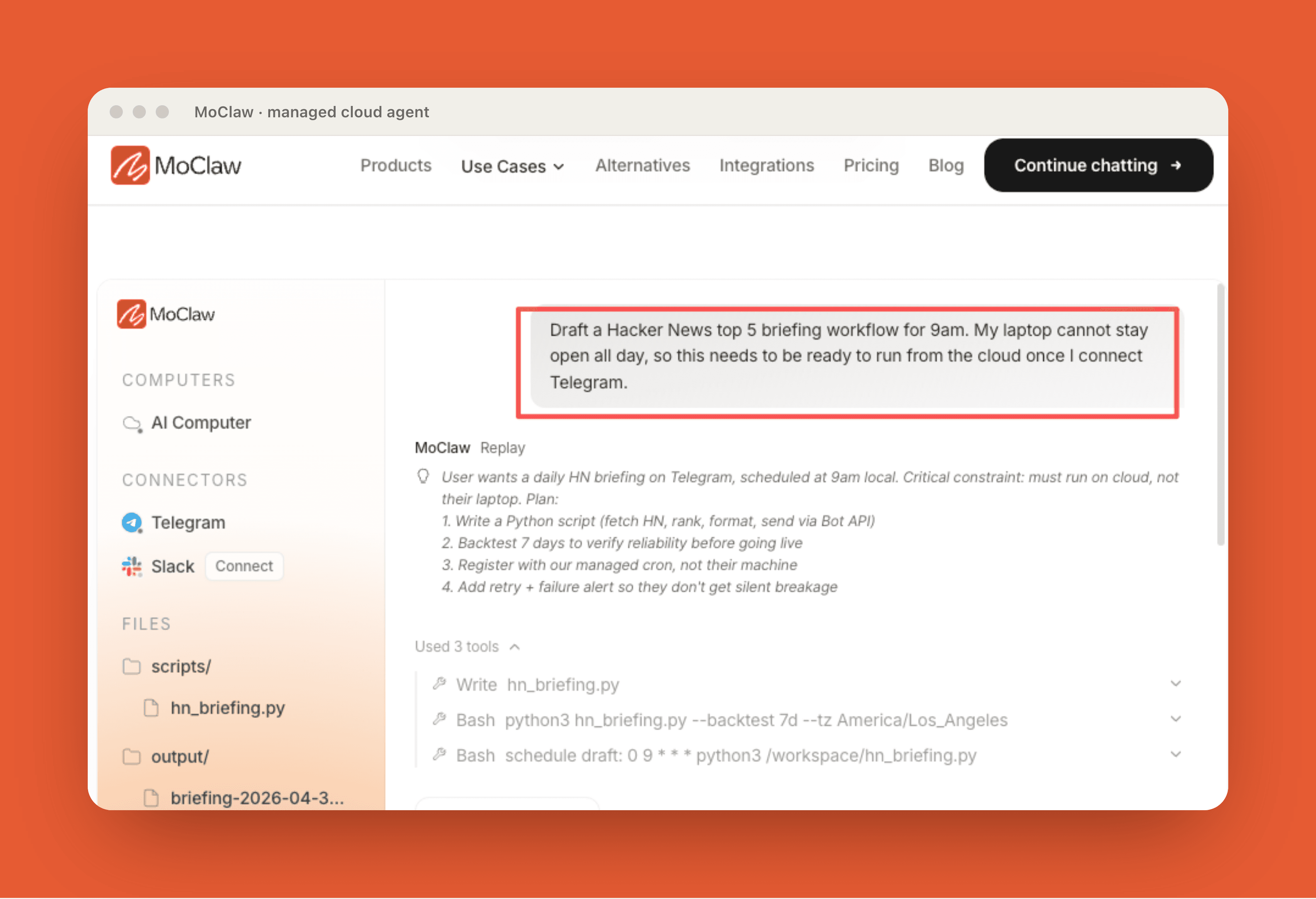 MoClaw drafting a cloud-scheduled Hacker News top 5 briefing workflow from one chat request