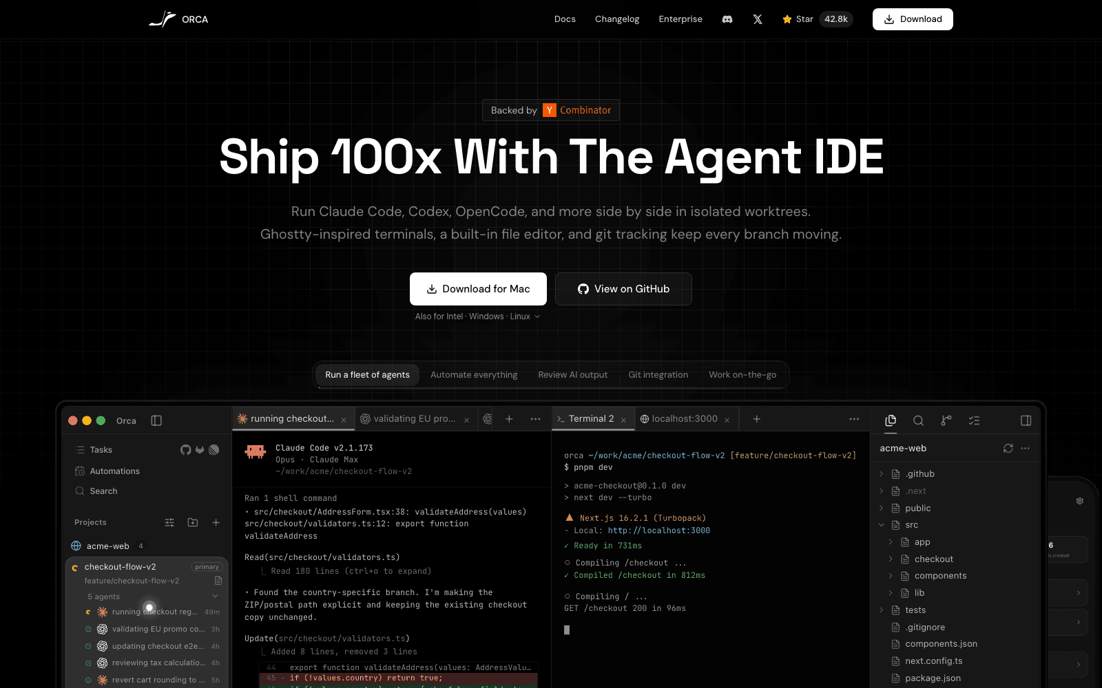 The onorca.dev homepage in August 2026, showing the Y Combinator backing badge, a 42.8k star count, and the app running five agents against separate branches of the same repo.