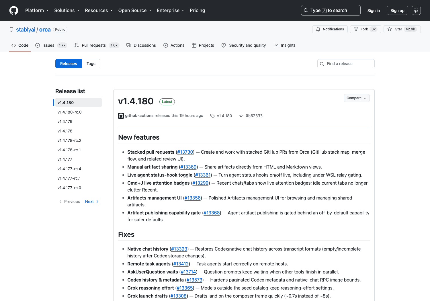 The Orca releases page showing v1.4.180 as latest, published 19 hours before this screenshot, with three stable releases and several release candidates inside a two-day window.