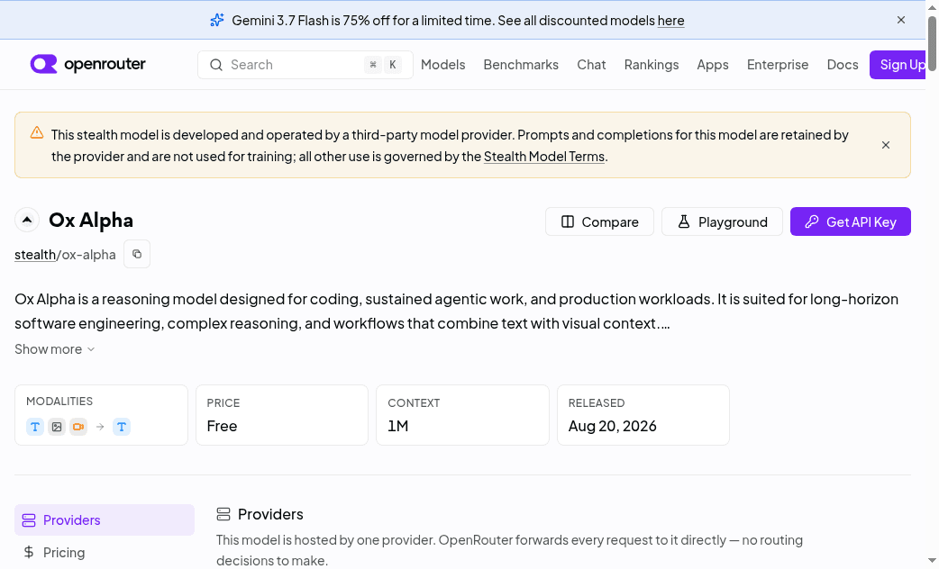 Official OpenRouter listing for Ox Alpha (stealth/ox-alpha): Free, 1M context, released Aug 20, 2026. The banner states prompts and completions are retained by the anonymous provider and are not used for training.