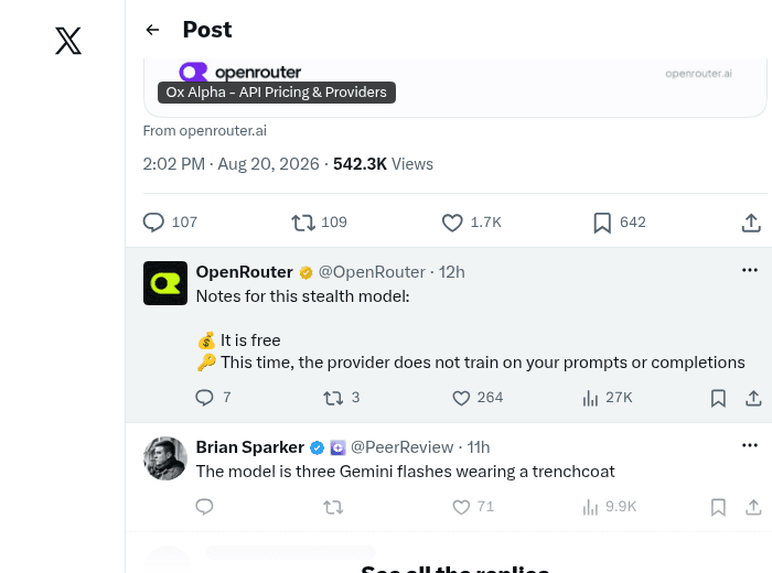 OpenRouter follow-up notes on the Ox Alpha thread: the model is free, and this time the provider does not train on prompts or completions. A joke reply underneath says the model is three Gemini flashes wearing a trenchcoat.