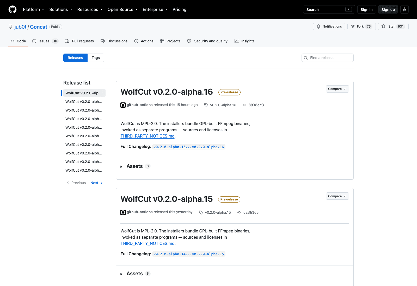 The Concat releases page on GitHub: every release in the sidebar is titled WolfCut v0.2.0-alpha, each flagged Pre-release, with a licensing note about bundled FFmpeg binaries