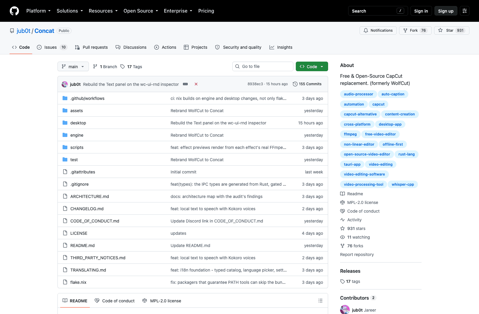 The jub0t/Concat repository page showing 931 stars, 76 forks, 155 commits, MPL-2.0 licence, and topic tags including capcut-alternative, offline-first and tauri-app