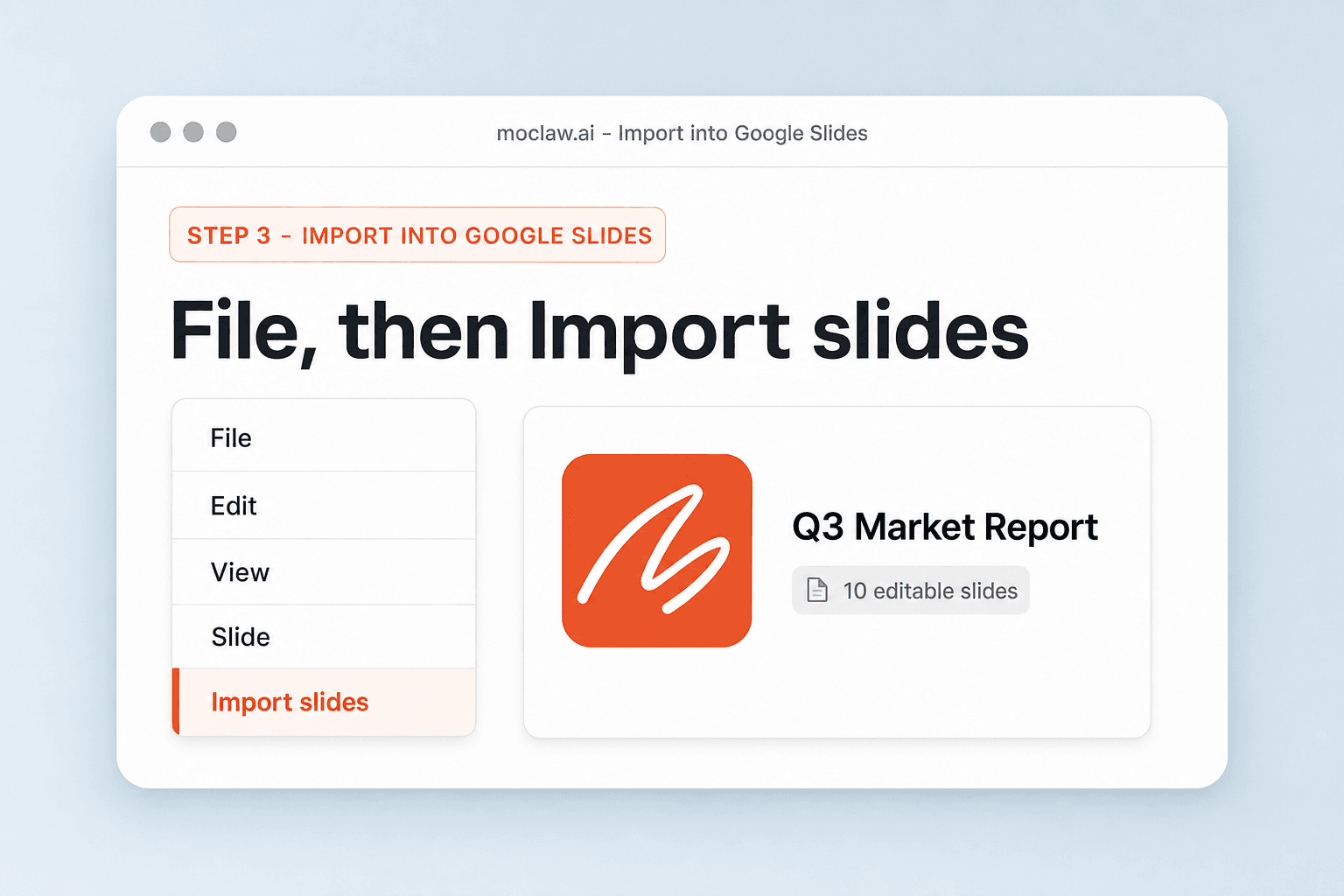 The Google Slides File menu with Import slides highlighted beside the converted deck