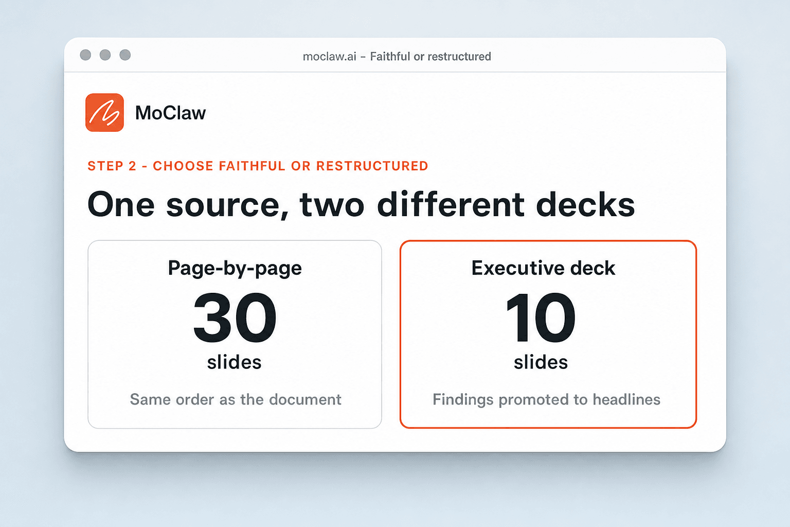 Two options side by side: a faithful 30-slide version and a distilled 10-slide executive deck