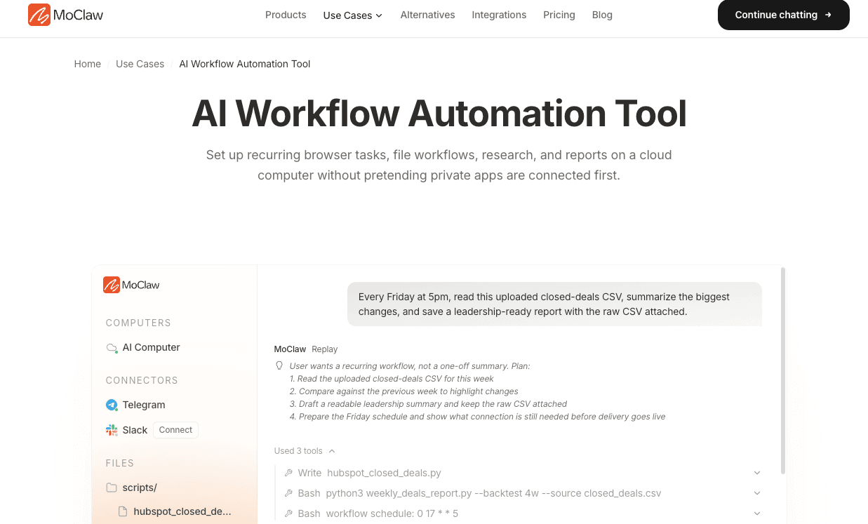 MoClaw's AI Workflow Automation tool running a recurring, scheduled task end to end