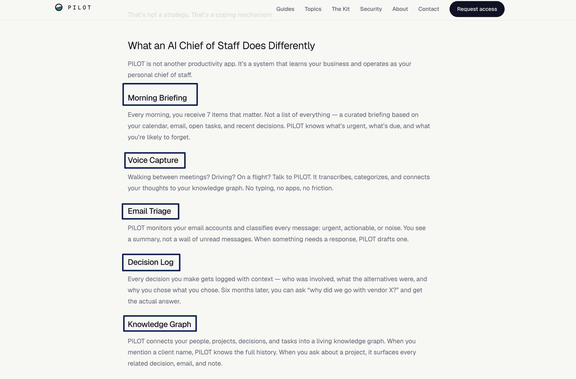 PILOT feature list: morning briefing, voice capture, email triage, decision log, knowledge graph