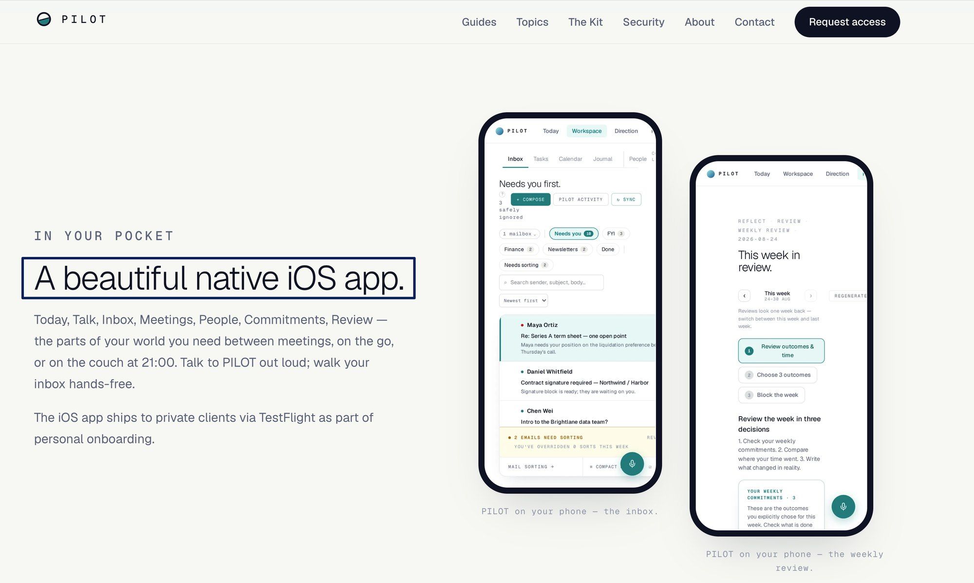 The PILOT iOS app showing a needs-attention list and a weekly review screen