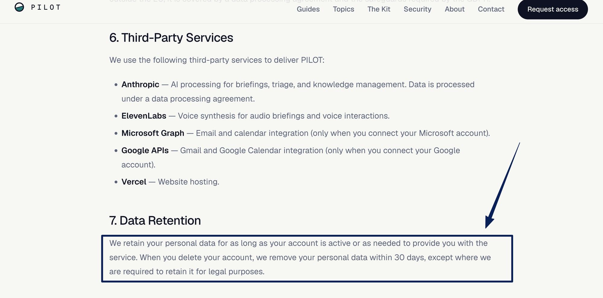 PILOT privacy page listing third-party subprocessors and a 30-day deletion window