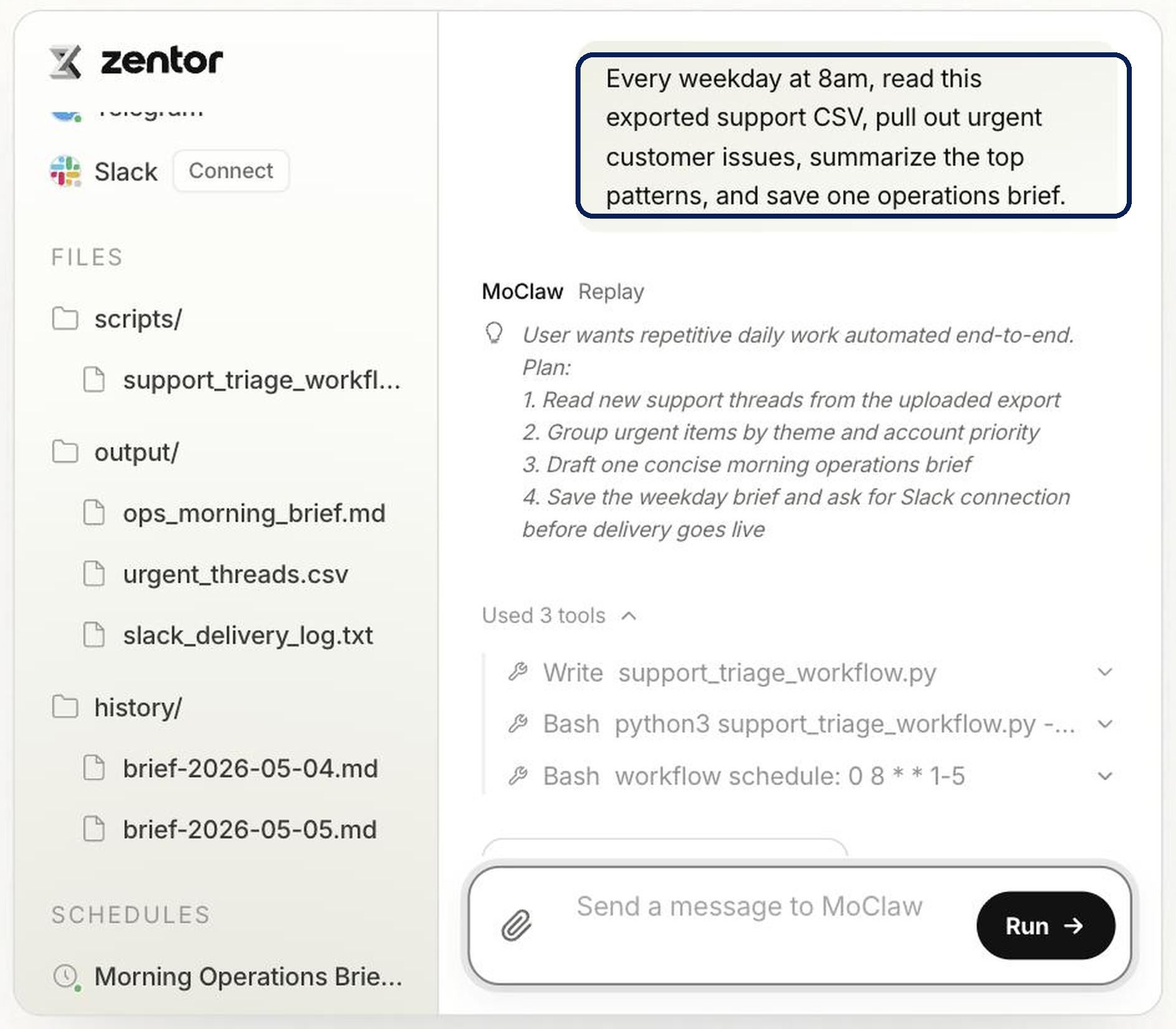 An AI cloud computer with a persistent filesystem, a saved script and a weekday schedule