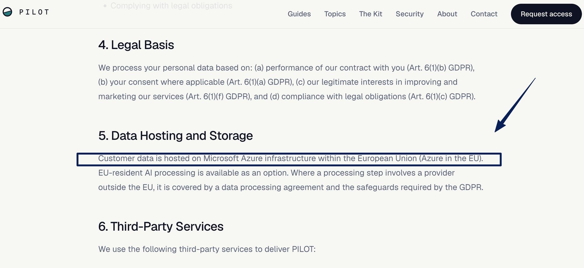 PILOT privacy page: customer data hosted on Microsoft Azure inside the European Union