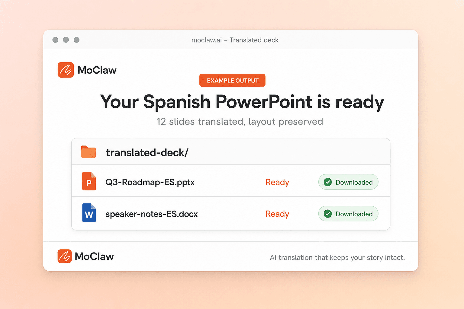 Delivered translated PowerPoint pack with PPTX ready to download