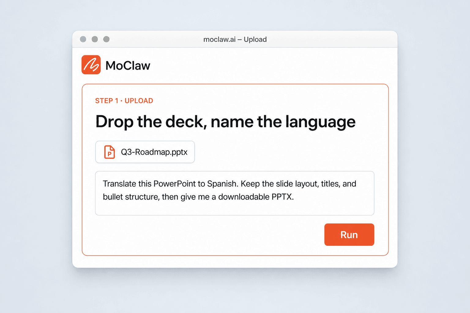 Step 1: upload PowerPoint and name the target language