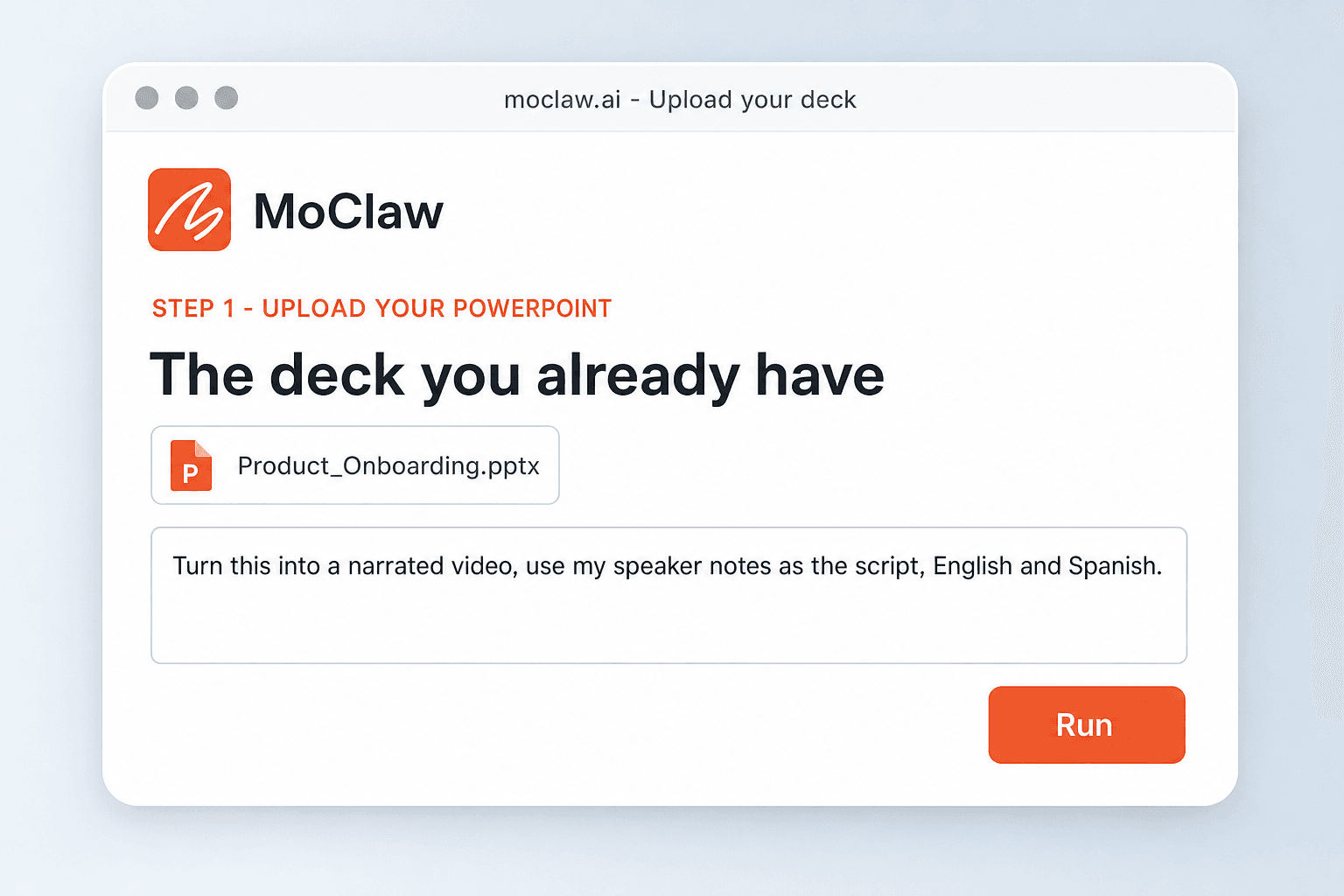 MoClaw screen with a PowerPoint attached and the narration instruction typed in