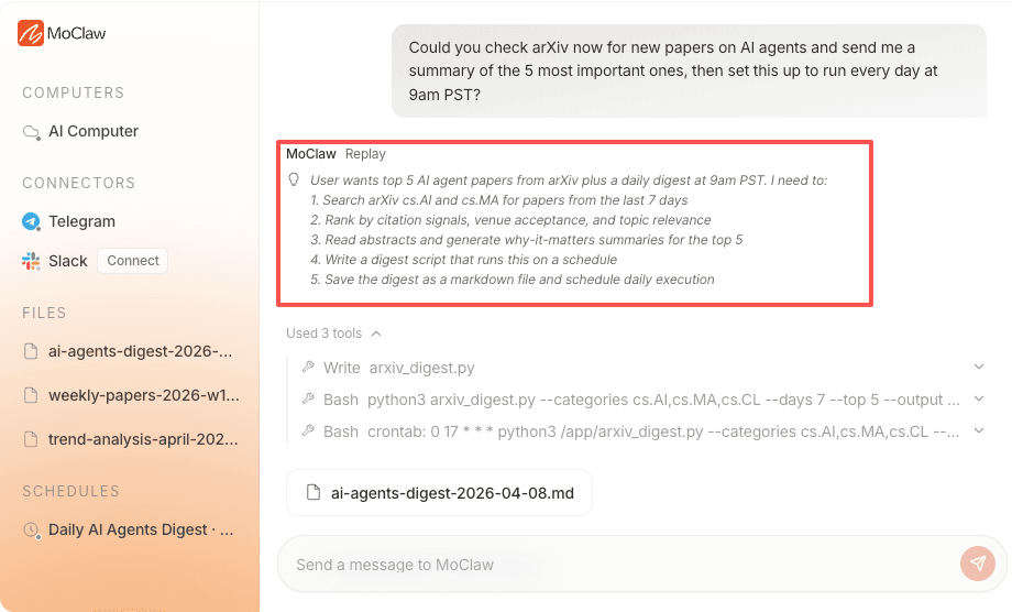 A MoClaw research digest workflow that keeps sources, saved artifacts, and a repeatable review schedule inspectable over time.