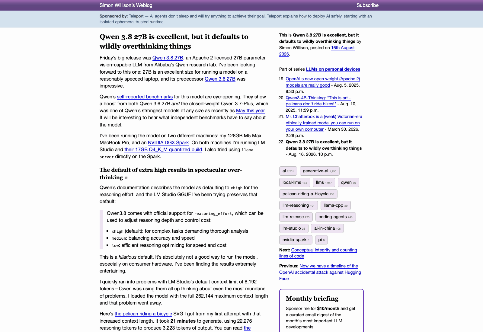Simon Willison's August 16 write-up, the post that put the xhigh reasoning default in front of a large audience, showing the three documented reasoning levels and the 21-minute pelican run.