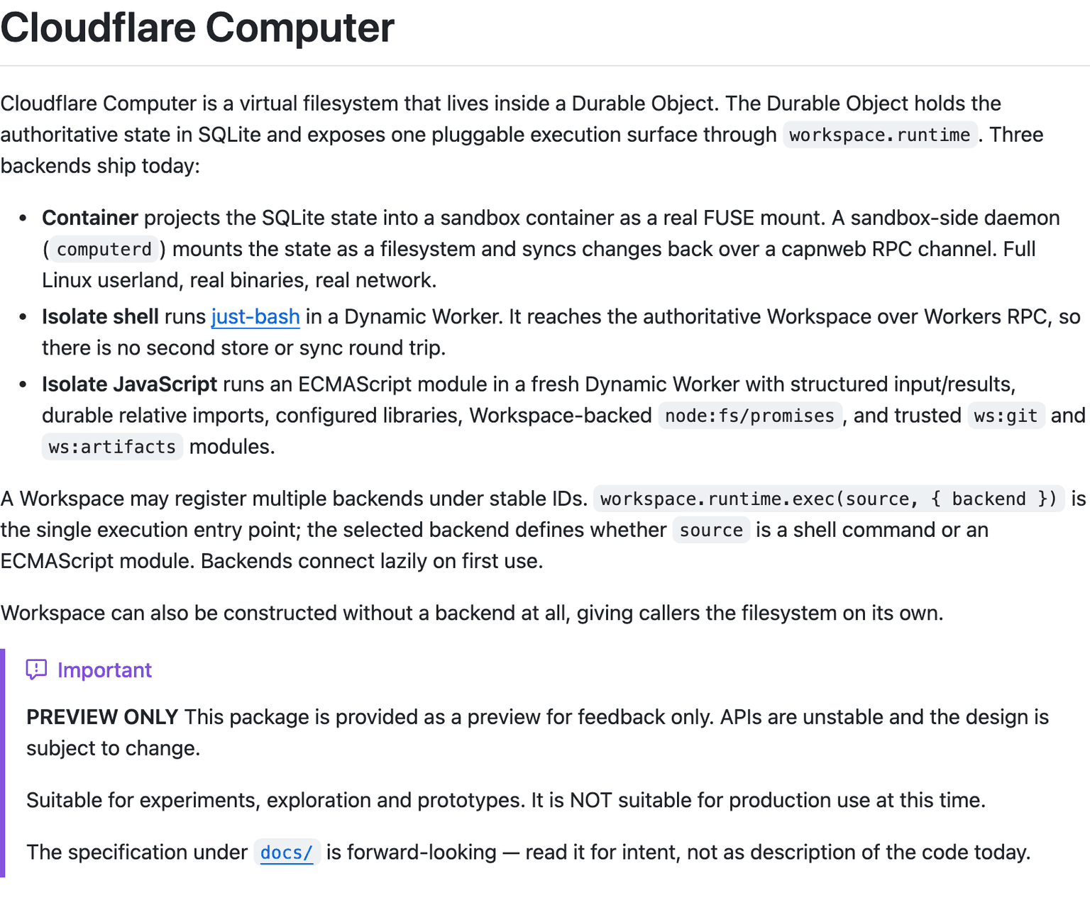 The Cloudflare Computer README: the PREVIEW ONLY admonition ruling out production use sits directly under the three-backend description