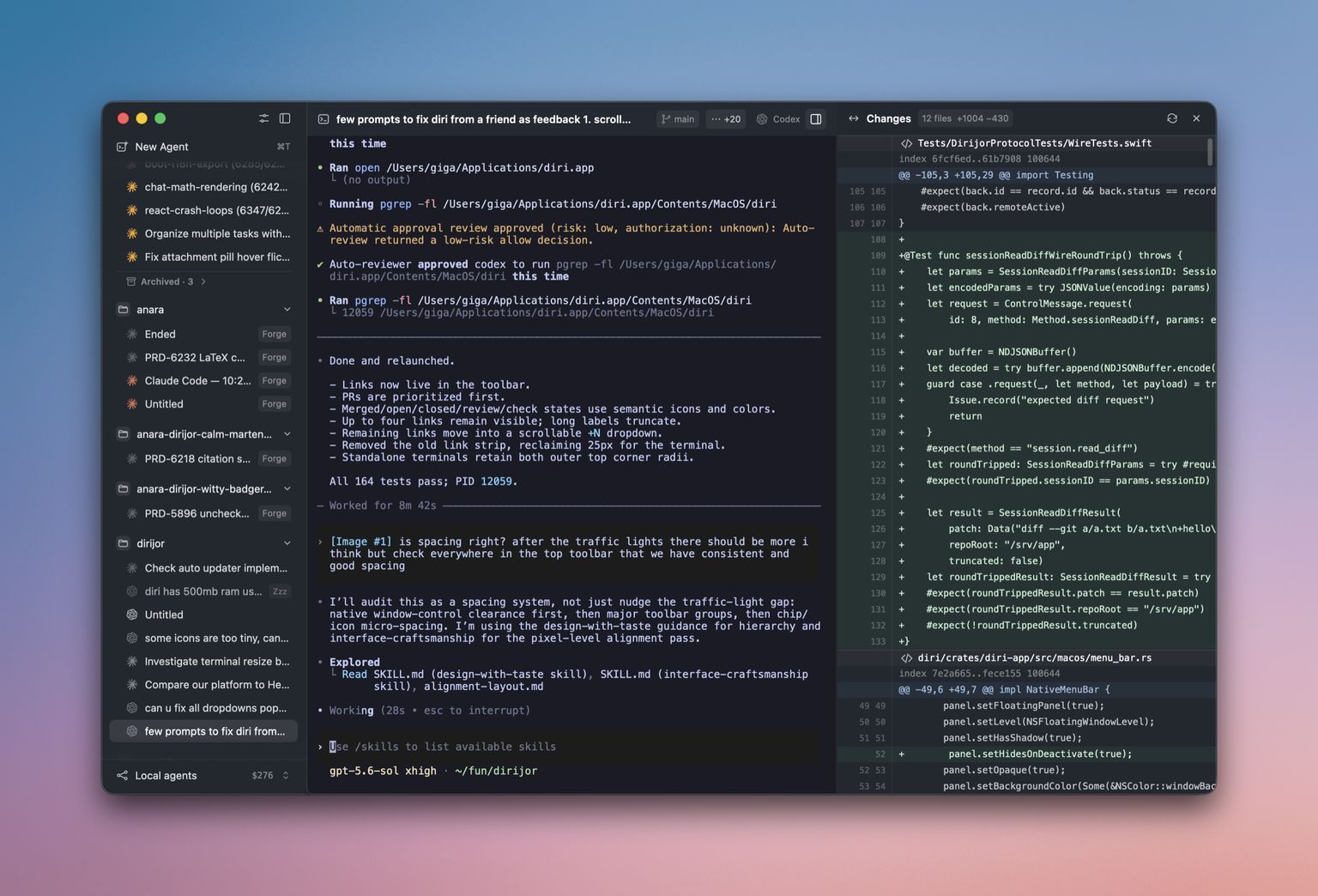 diri's window: sessions grouped by project in the sidebar, each carrying its own status, with a live agent transcript and a diff panel alongside