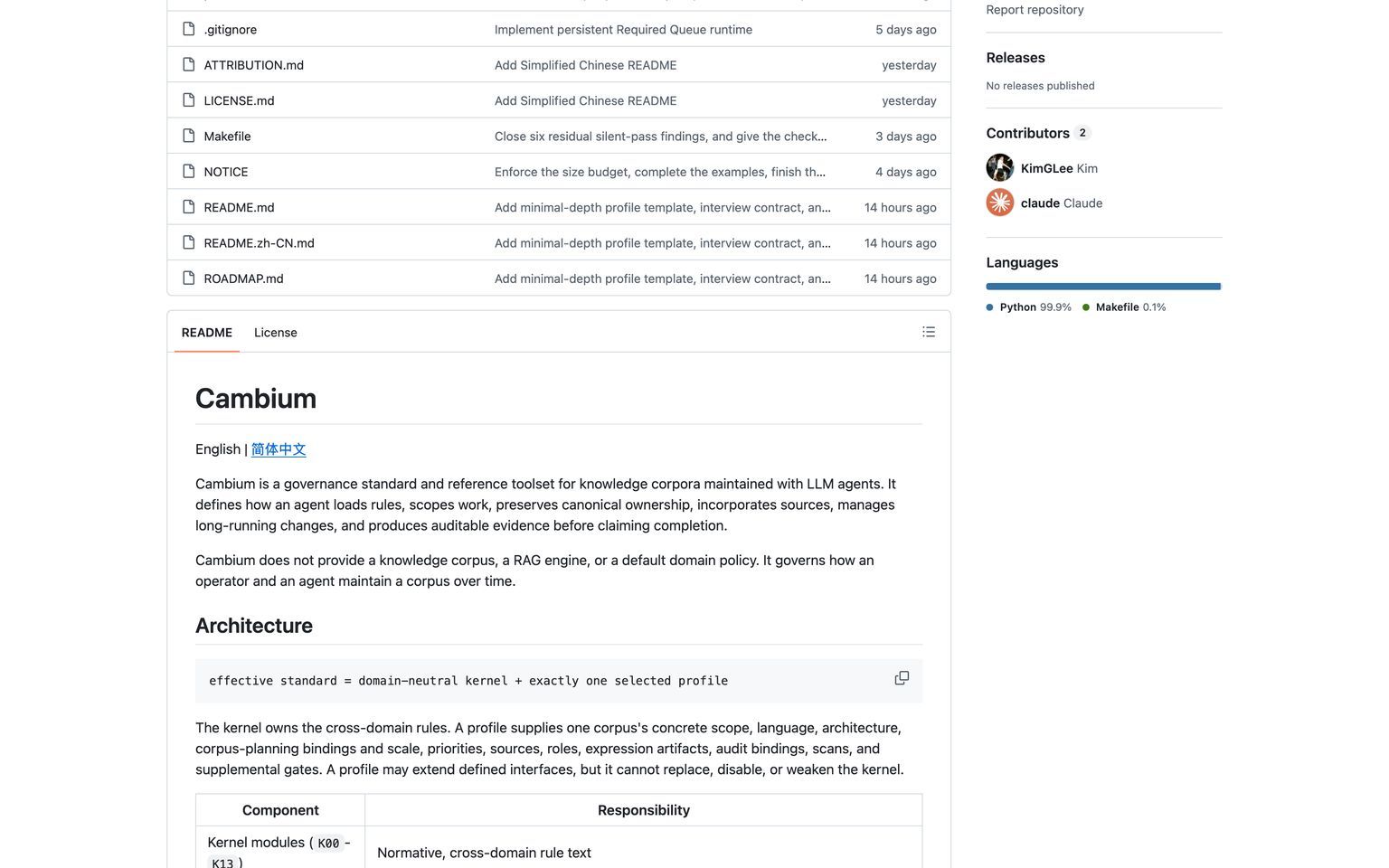 The Cambium repository, six days after publication (github.com/KimGLee/Cambium, August 10, 2026)