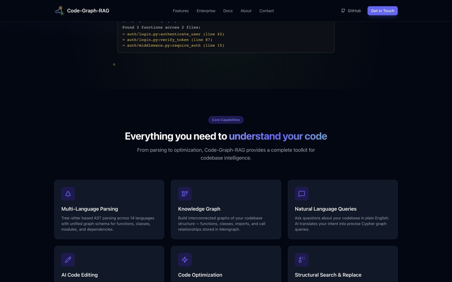 The Code-Graph-RAG project site, which also sells managed and air-gapped deployments (code-graph-rag.com, August 10, 2026)