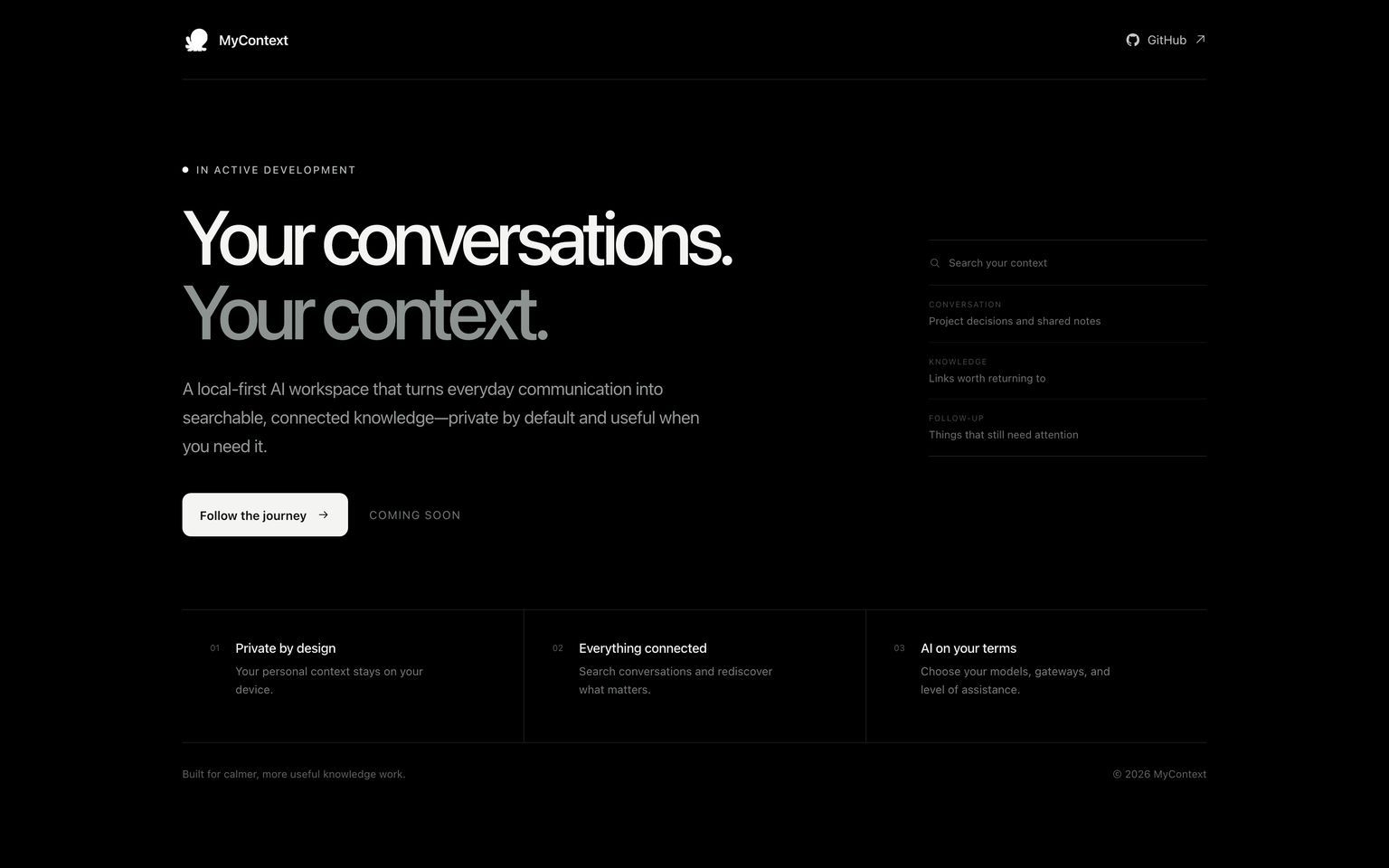 The MyContext site, launched the same week as the repository (mycontext.md, August 10, 2026)