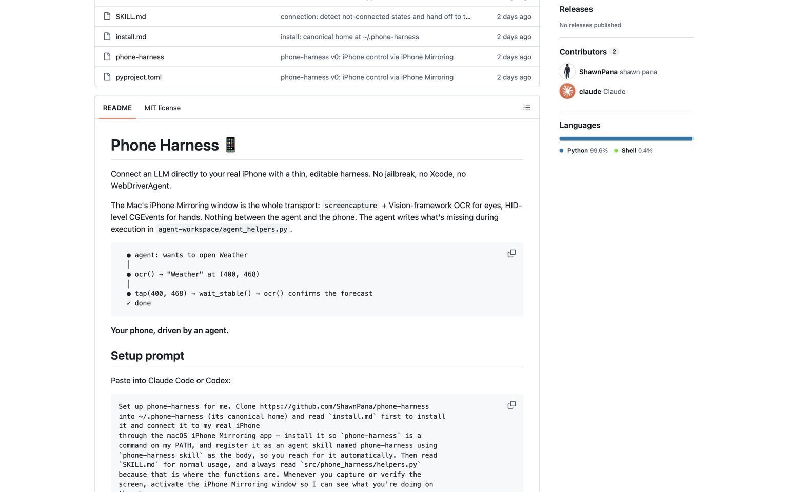 The phone-harness repository, three days after it went up (github.com/ShawnPana/phone-harness, August 10, 2026)
