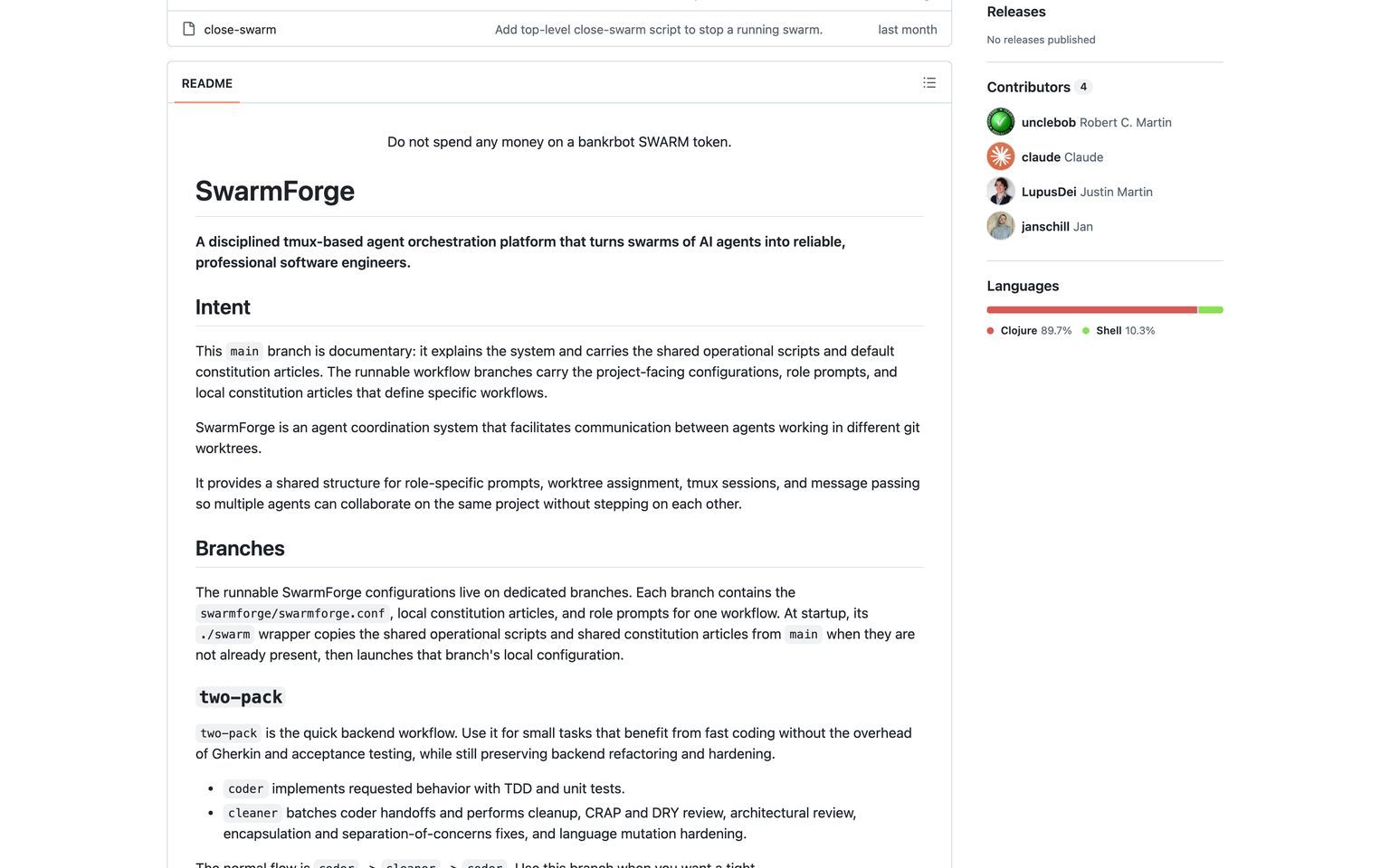 The SwarmForge repository, whose first README line warns readers off a crypto token using the name (github.com/unclebob/swarm-forge, August 10, 2026)