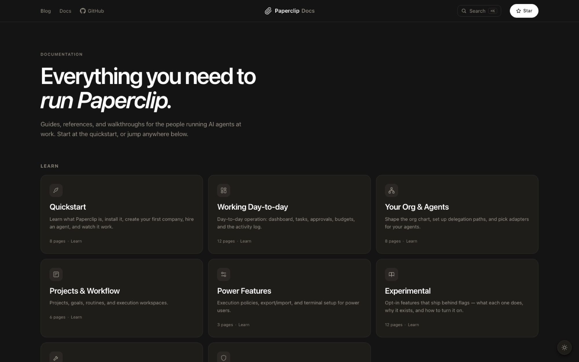 The Paperclip docs site on August 11, 2026, split into Quickstart, day-to-day operation, org and agent setup, and a section for experimental flags